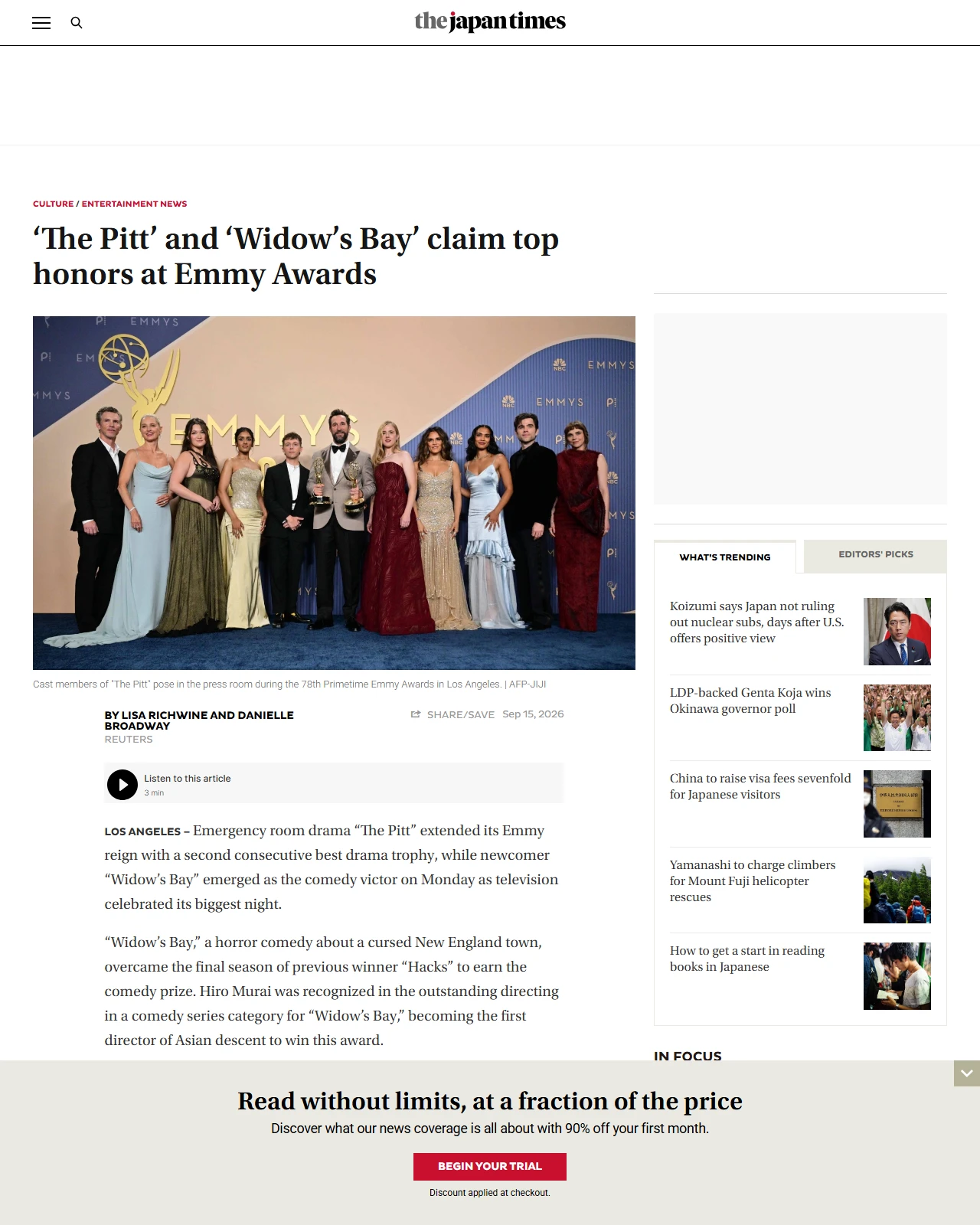 japantimes.co.jp as published: ‘The Pitt’ and ‘Widow’s Bay’ claim top honors at Emmy Awards