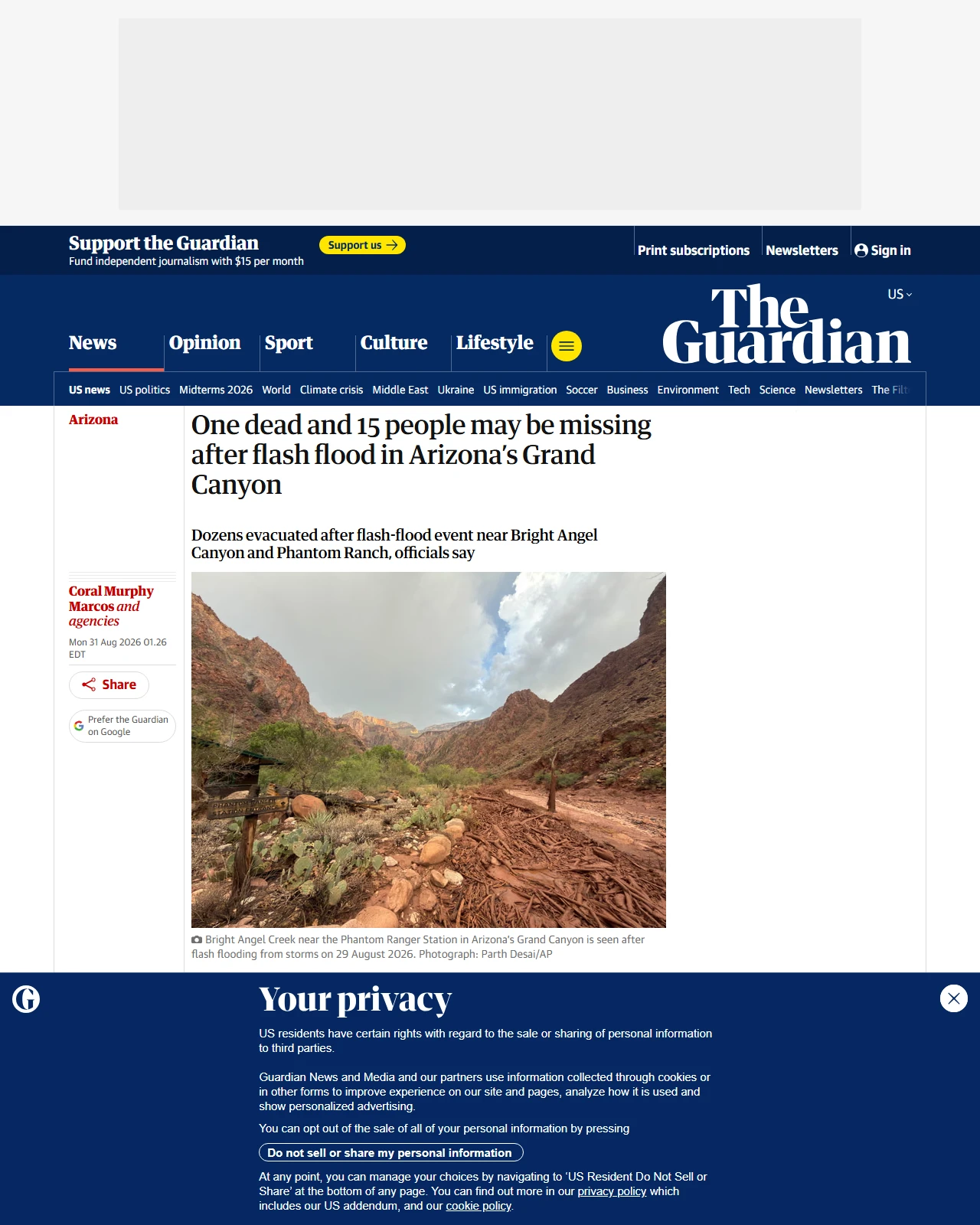 theguardian.com as published: One dead and 15 people may be missing after flash flood in Arizona’s Grand Canyon