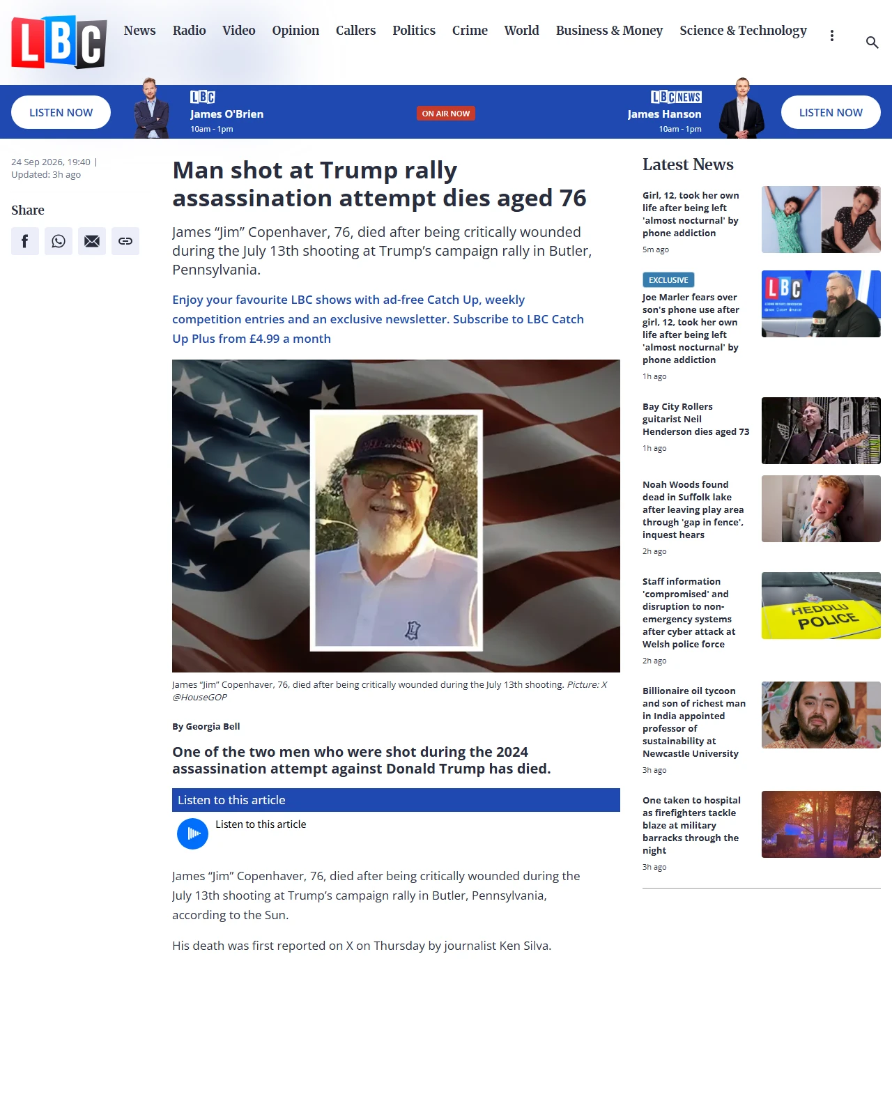 lbc.co.uk as published: Man shot at Trump rally assassination attempt dies aged 76