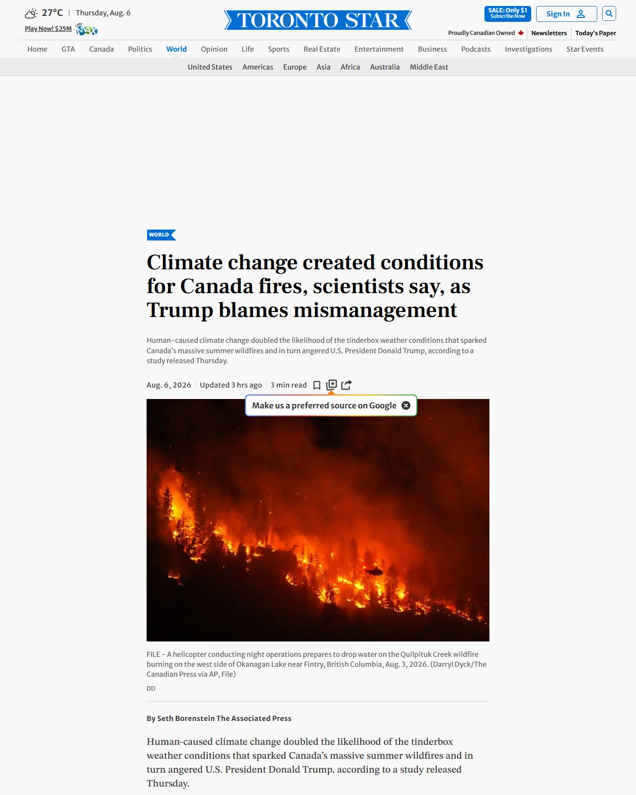 thestar.com as published: Climate change created conditions for Canada fires, scientists say, as Trump blames mismanagement
