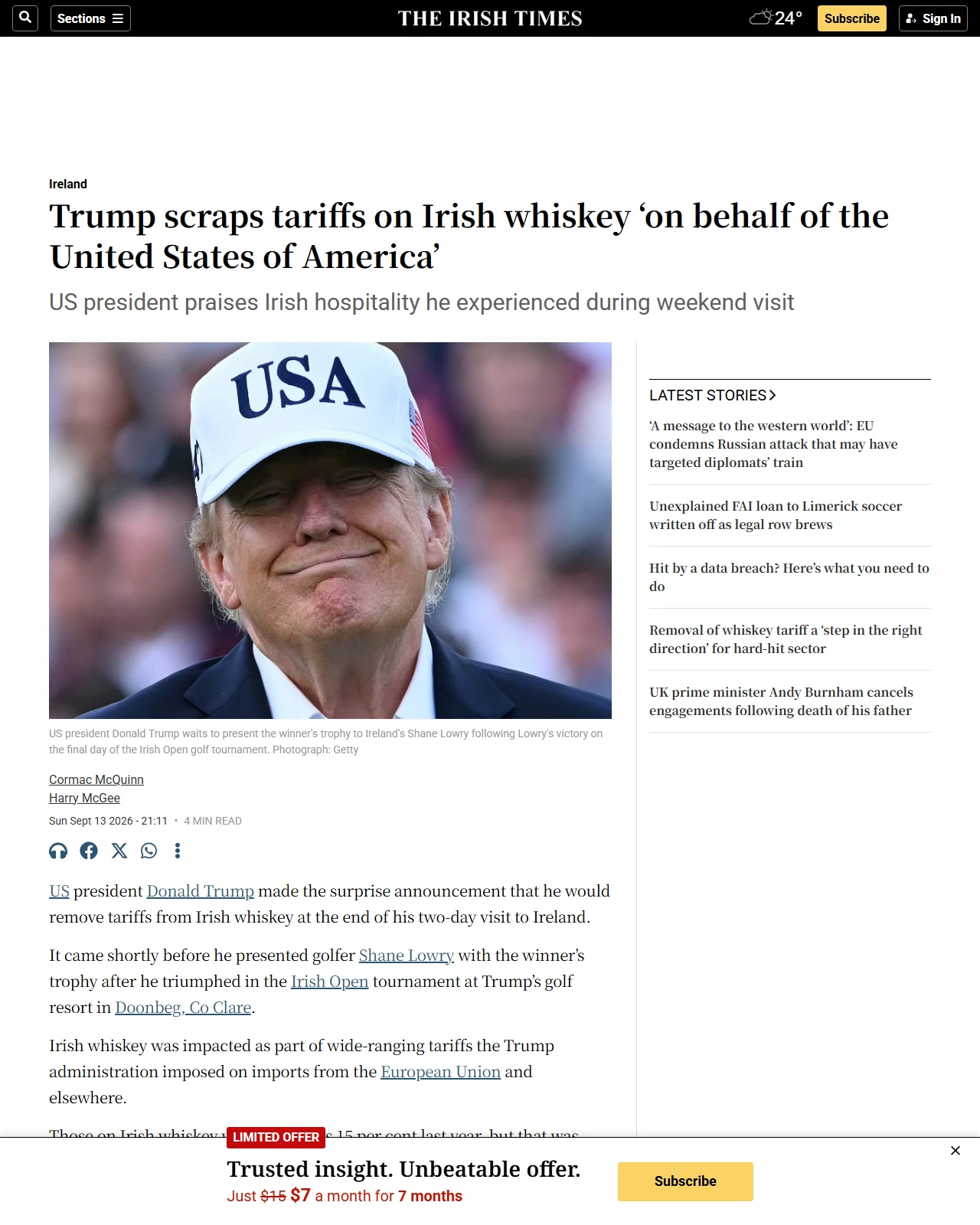 irishtimes.com as published: Trump scraps tariffs on Irish whiskey ‘on behalf of the United States of America’