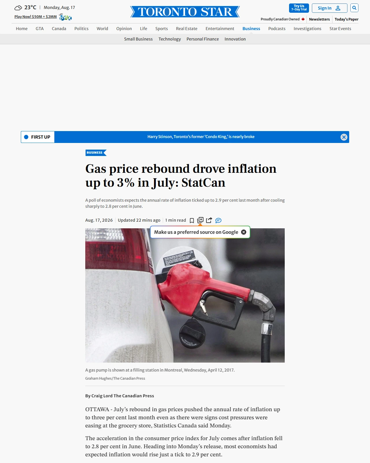 thestar.com as published: Statistics Canada to report how rebounding gas prices affected inflation in July