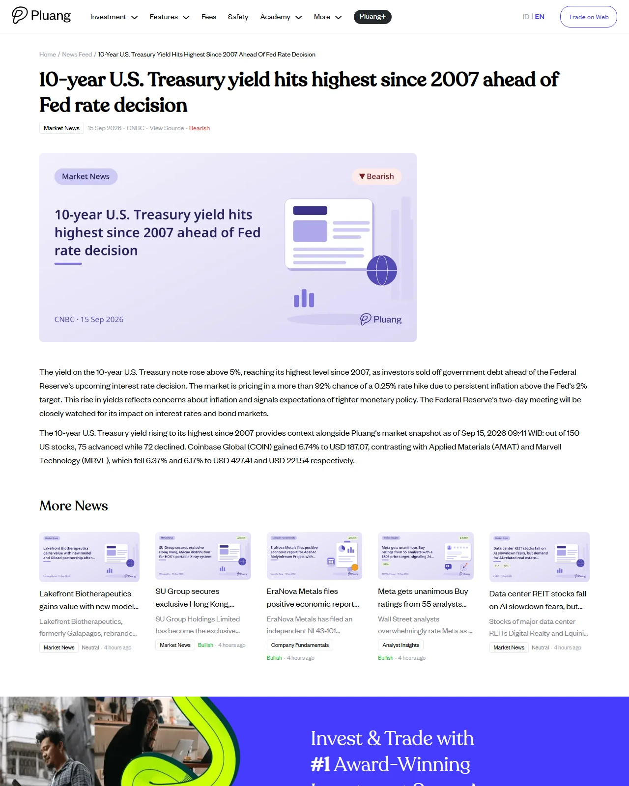 pluang.com as published: 10-year U.S. Treasury yield hits highest since 2007 ahead of Fed rate decision