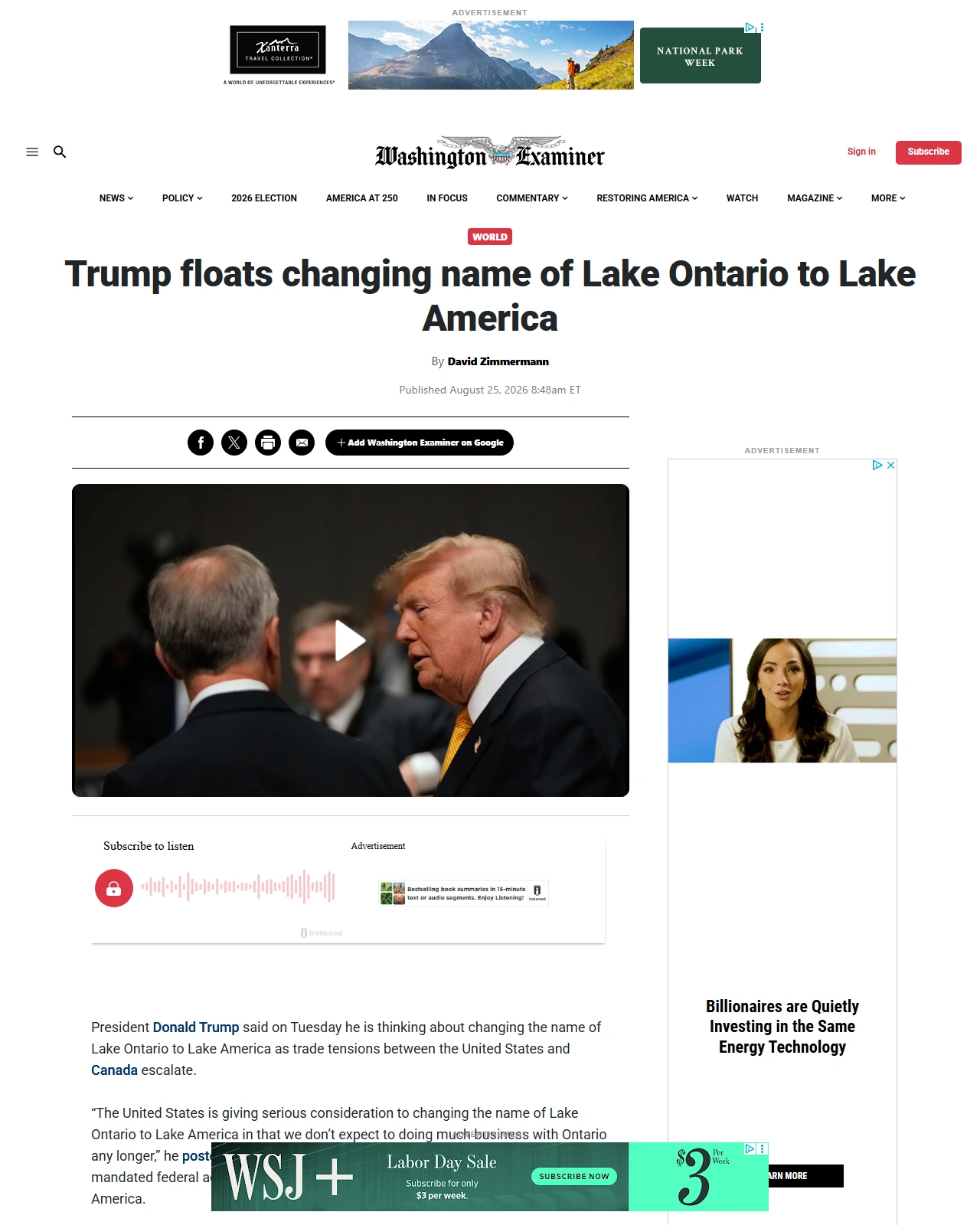 washingtonexaminer.com as published: Trump floats changing name of Lake Ontario to Lake America