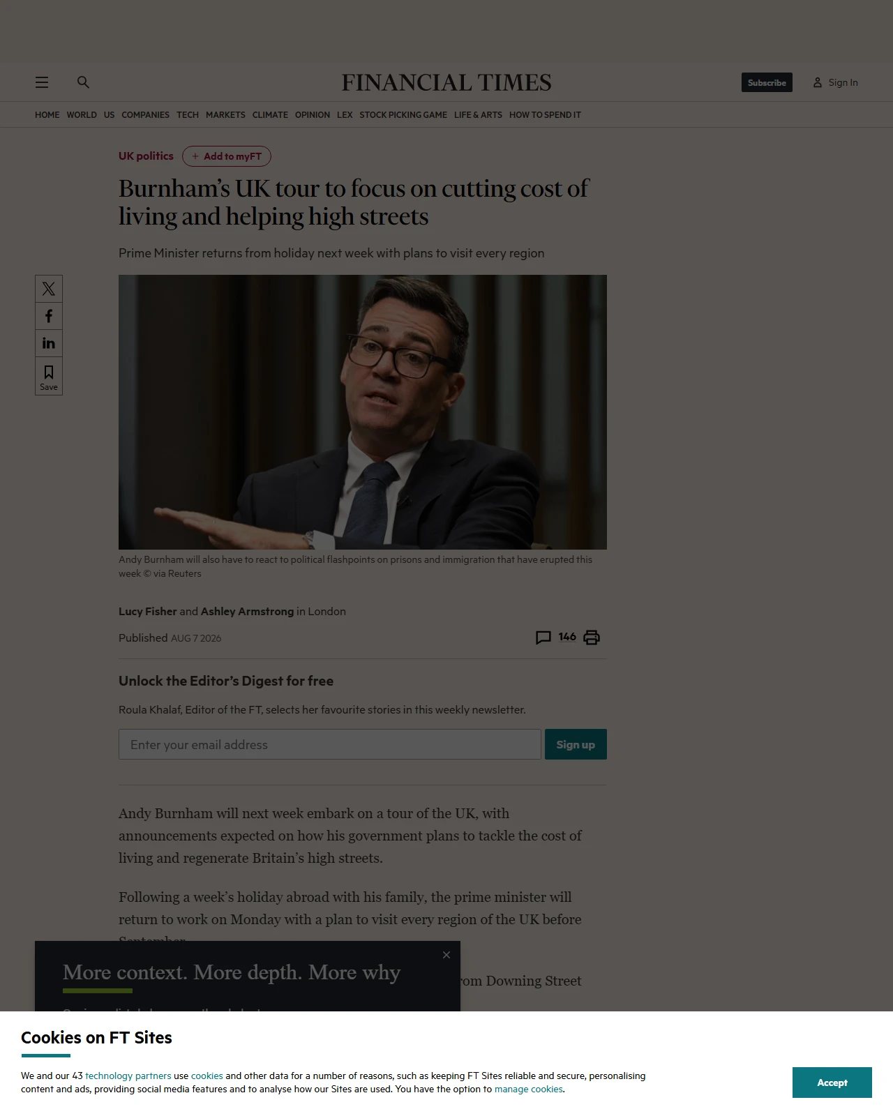 ft.com as published: Burnham’s UK tour to focus on cutting cost of living and helping high streets
