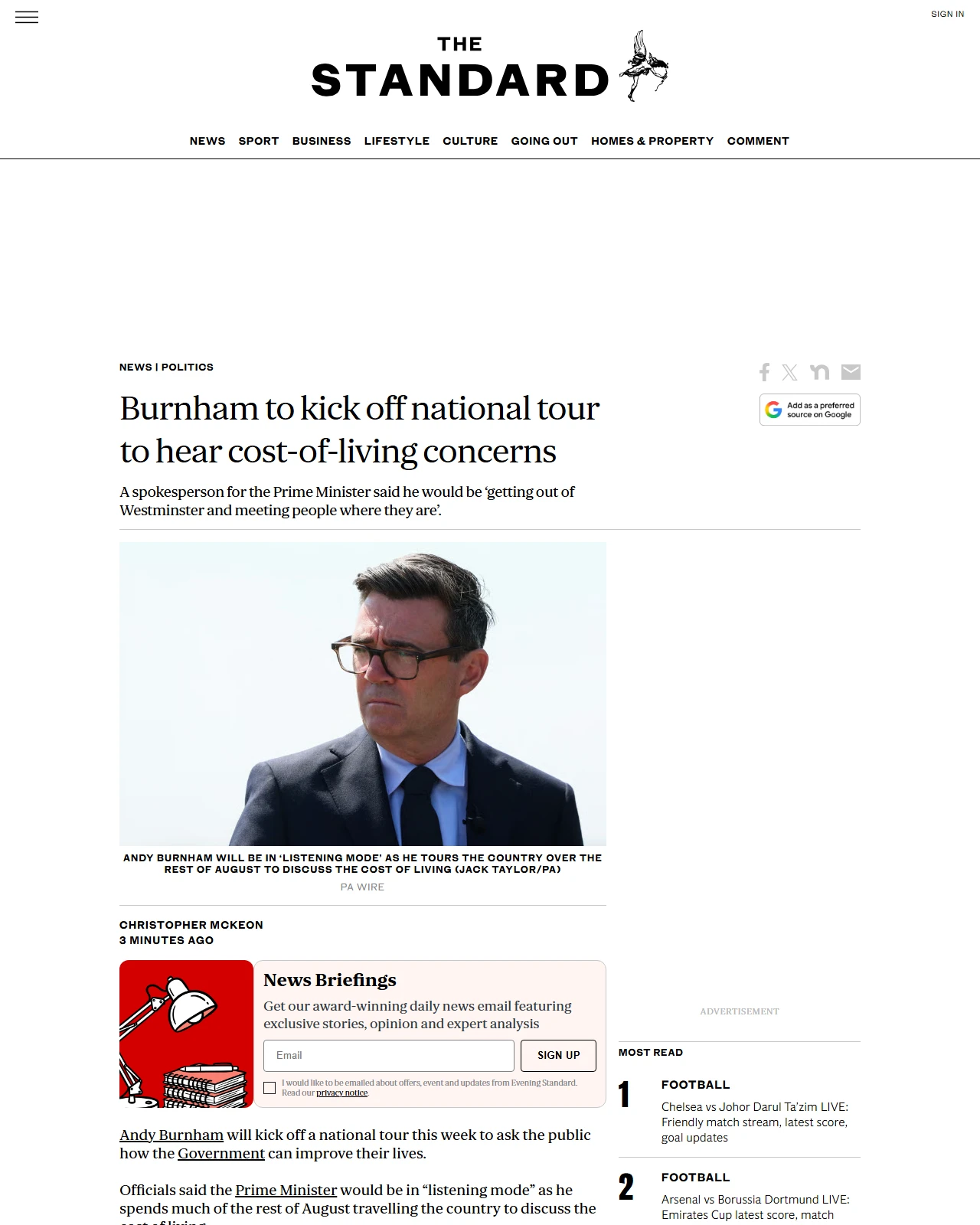 standard.co.uk as published: Burnham to kick off national tour to hear cost-of-living concerns