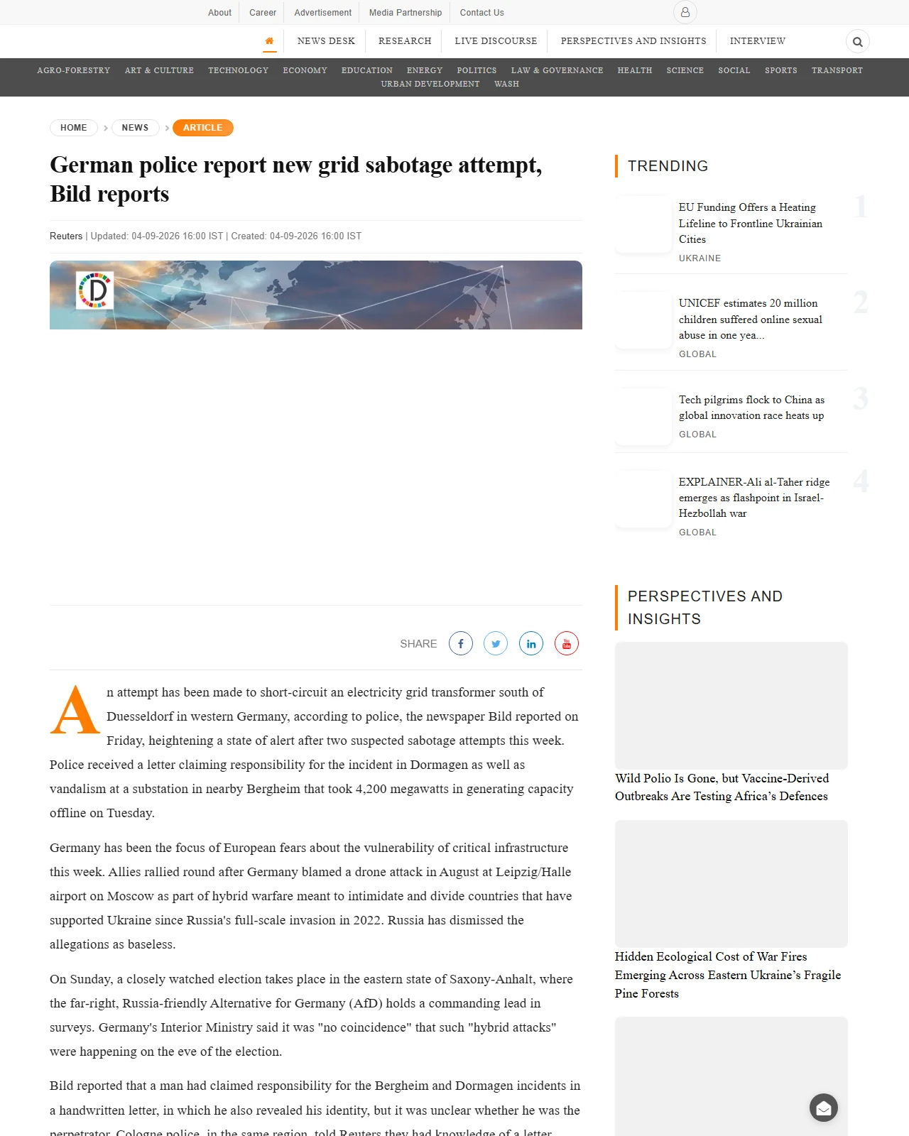 devdiscourse.com as published: German police report new grid sabotage attempt, Bild reports