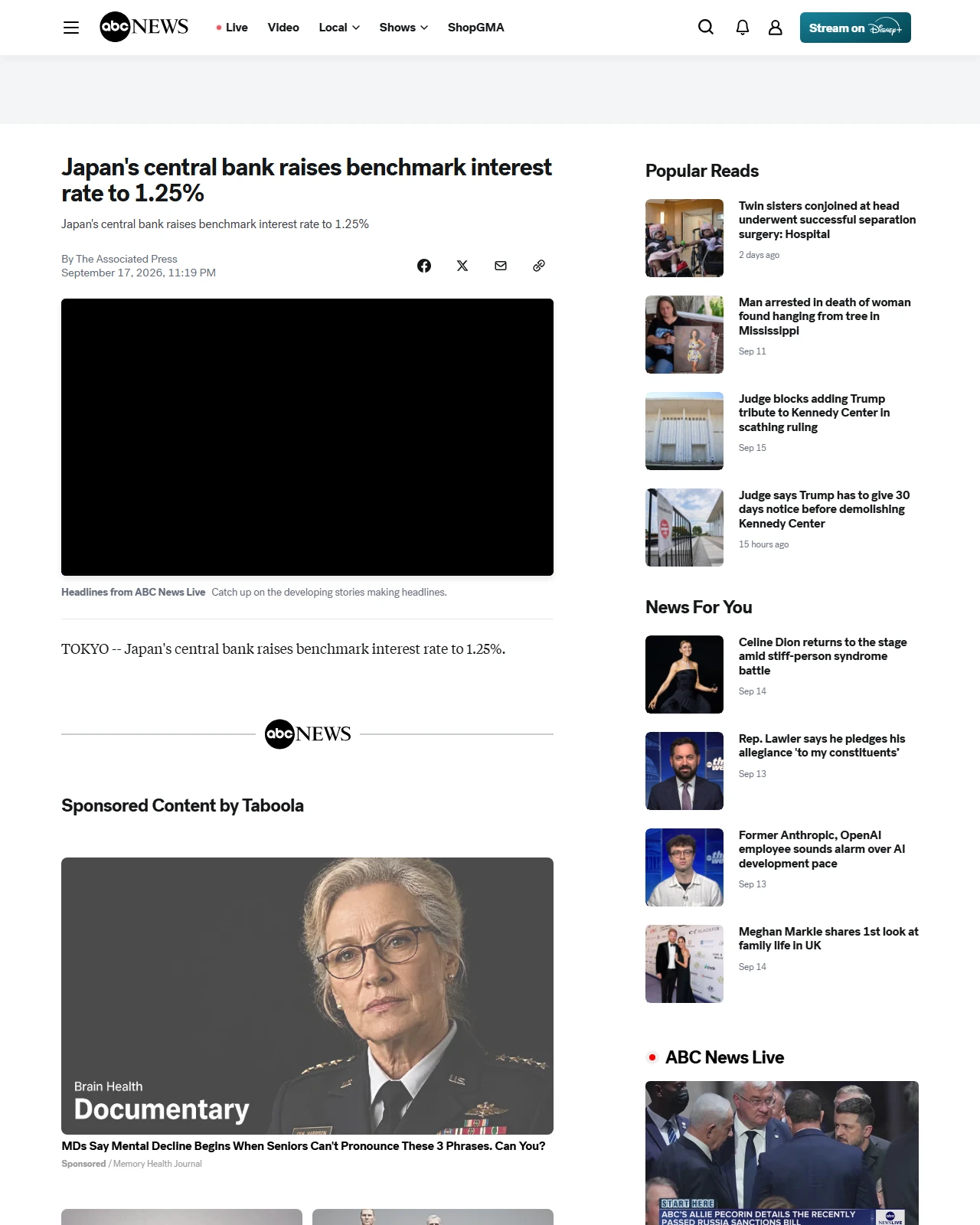 abcnews.com as published: Japan's central bank raises benchmark interest rate to 1.25% - ABC News