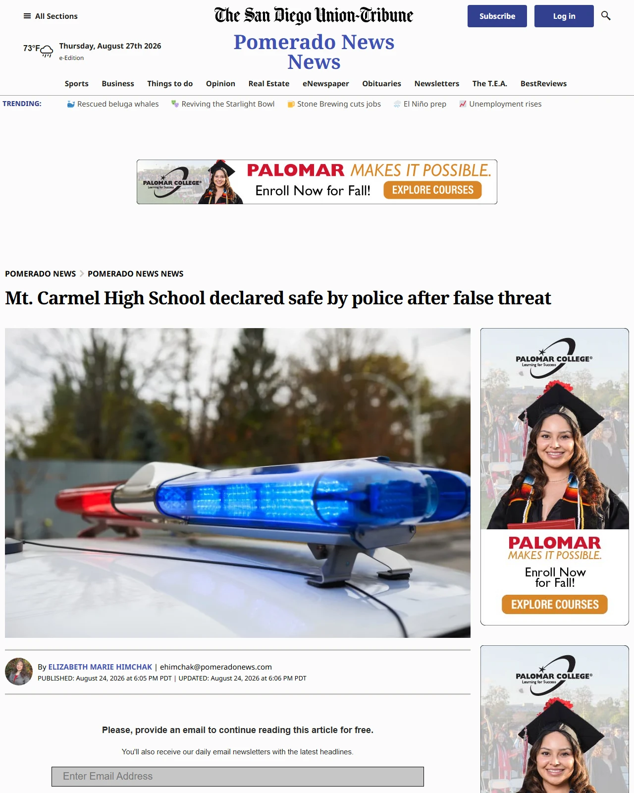 sandiegouniontribune.com as published: Mt. Carmel High School declared safe by police after false threat - San Diego Union-Tribune
