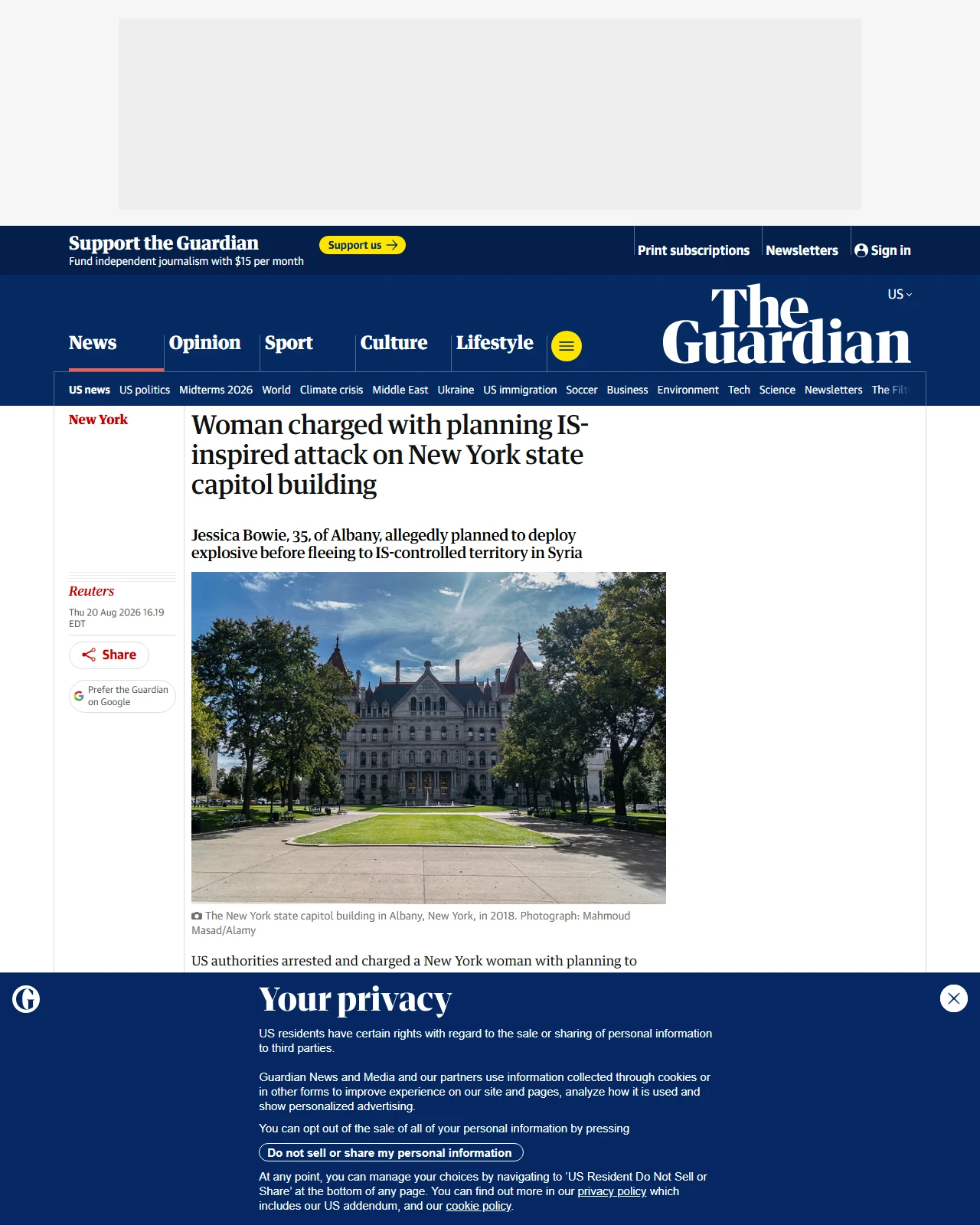 theguardian.com as published: Woman charged with planning IS-inspired attack on New York state capitol building