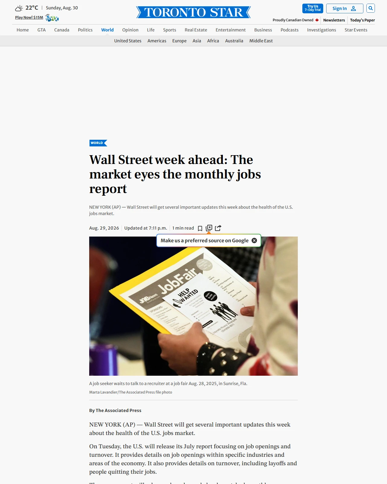 thestar.com as published: Wall Street week ahead: The market eyes the monthly jobs report