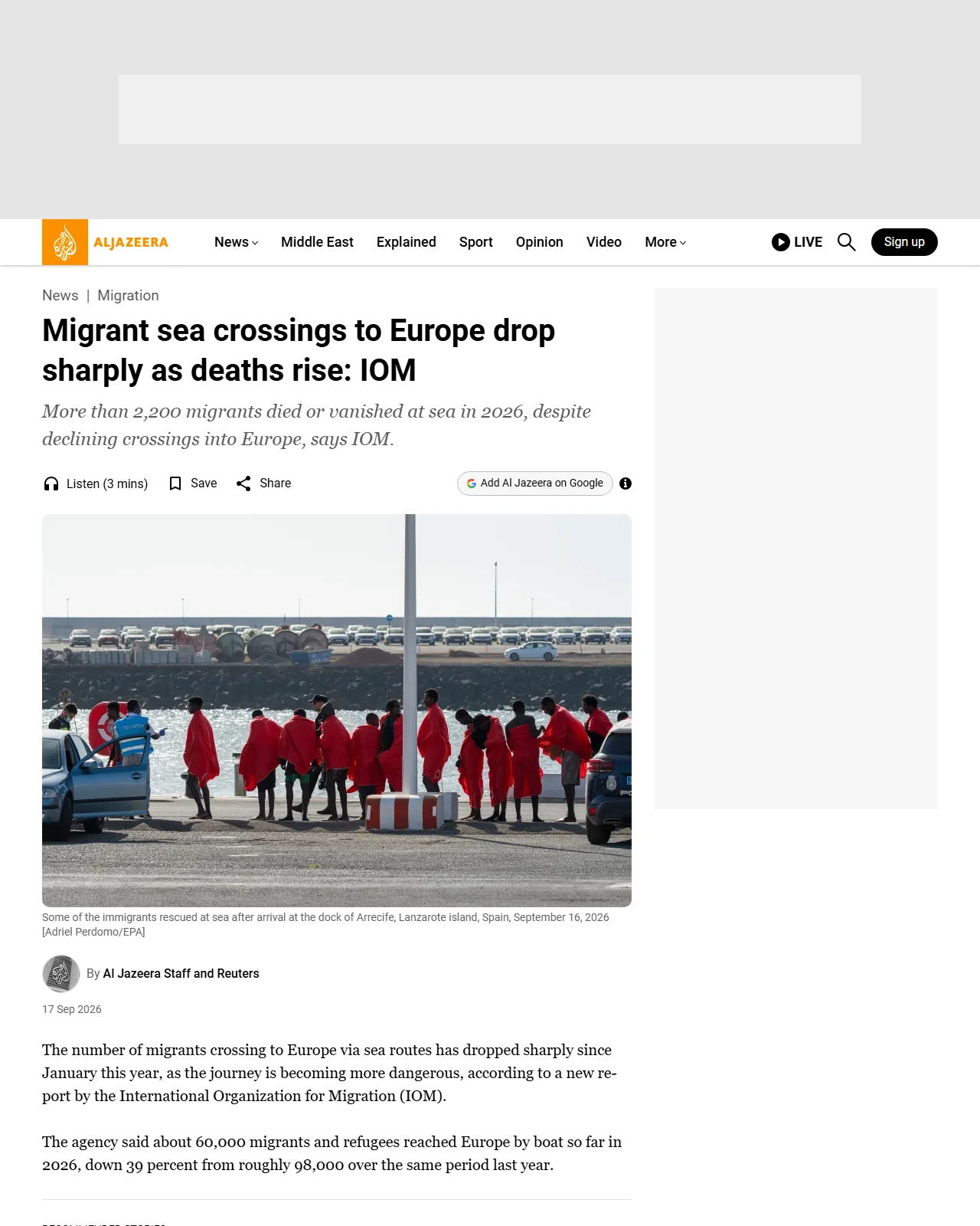 aljazeera.com as published: Migrant sea crossings to Europe drop sharply as deaths rise: IOM