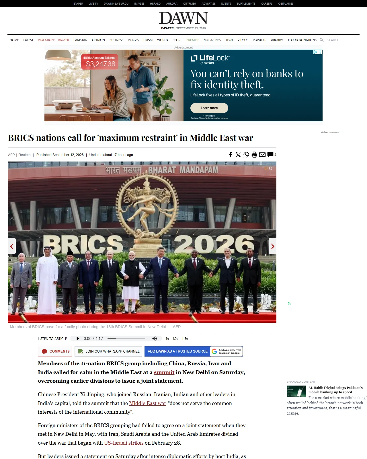 dawn.com as published: BRICS nations call for 'maximum restraint' in Middle East war