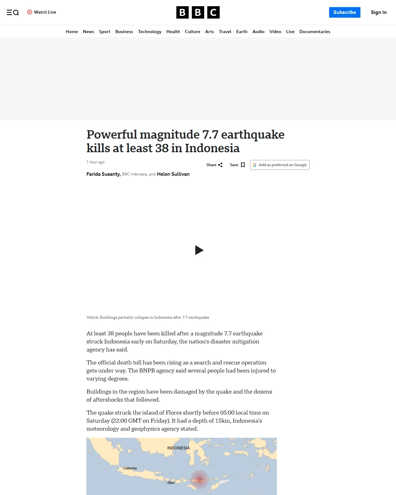 bbc.co.uk as published: Powerful magnitude 7.7 earthquake kills at least 38 in Indonesia