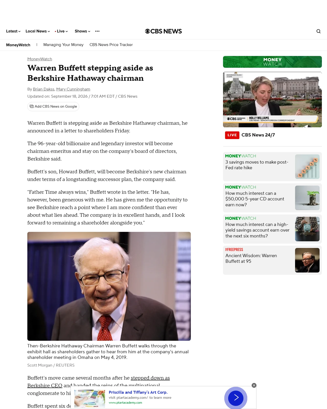 cbsnews.com as published: Warren Buffett stepping aside as Berkshire Hathaway chairman