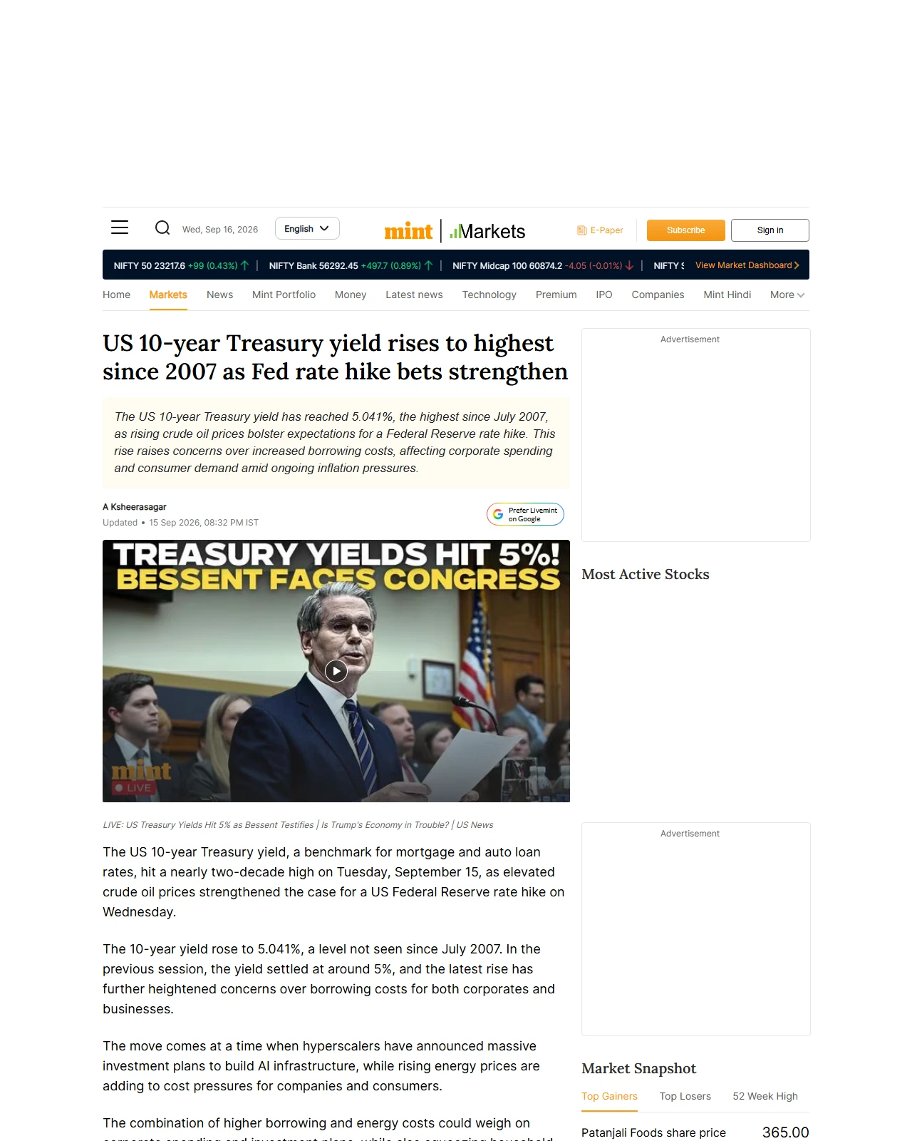 livemint.com as published: US 10-year Treasury yield rises to highest since 2007 as Fed rate hike bets strengthen