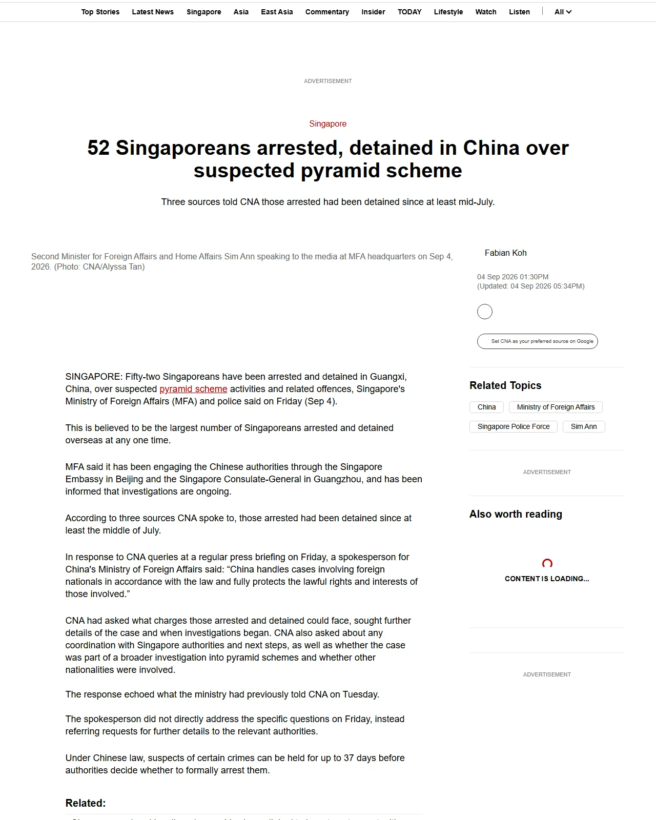 channelnewsasia.com as published: 52 Singaporeans arrested, detained in China over suspected pyramid scheme