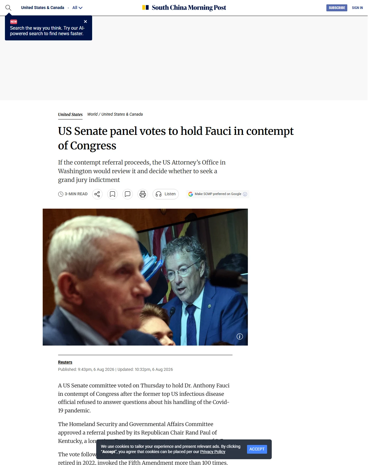scmp.com as published: US Senate panel votes to hold Fauci in contempt of Congress