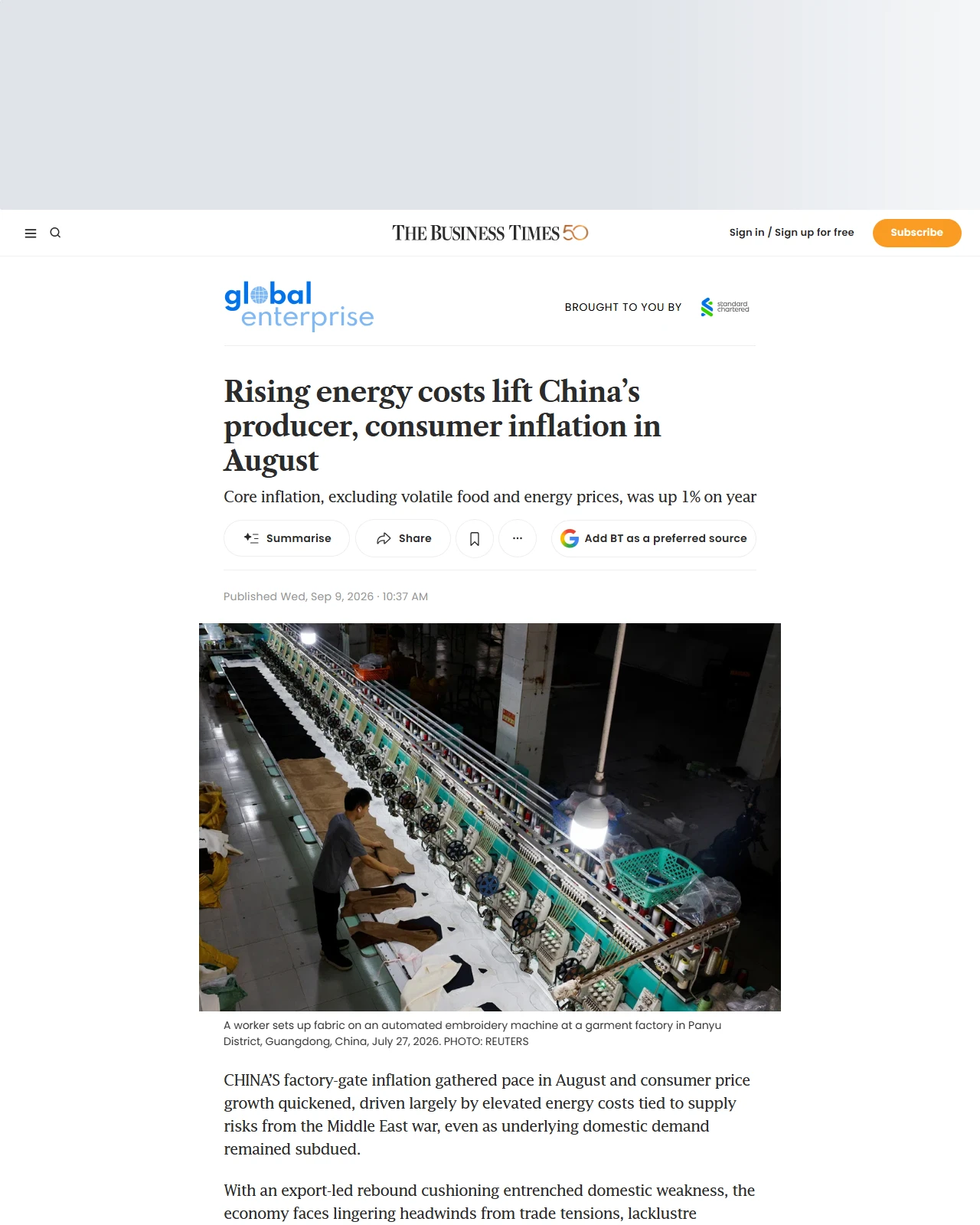 businesstimes.com.sg as published: Rising energy costs lift China’s producer, consumer inflation in August