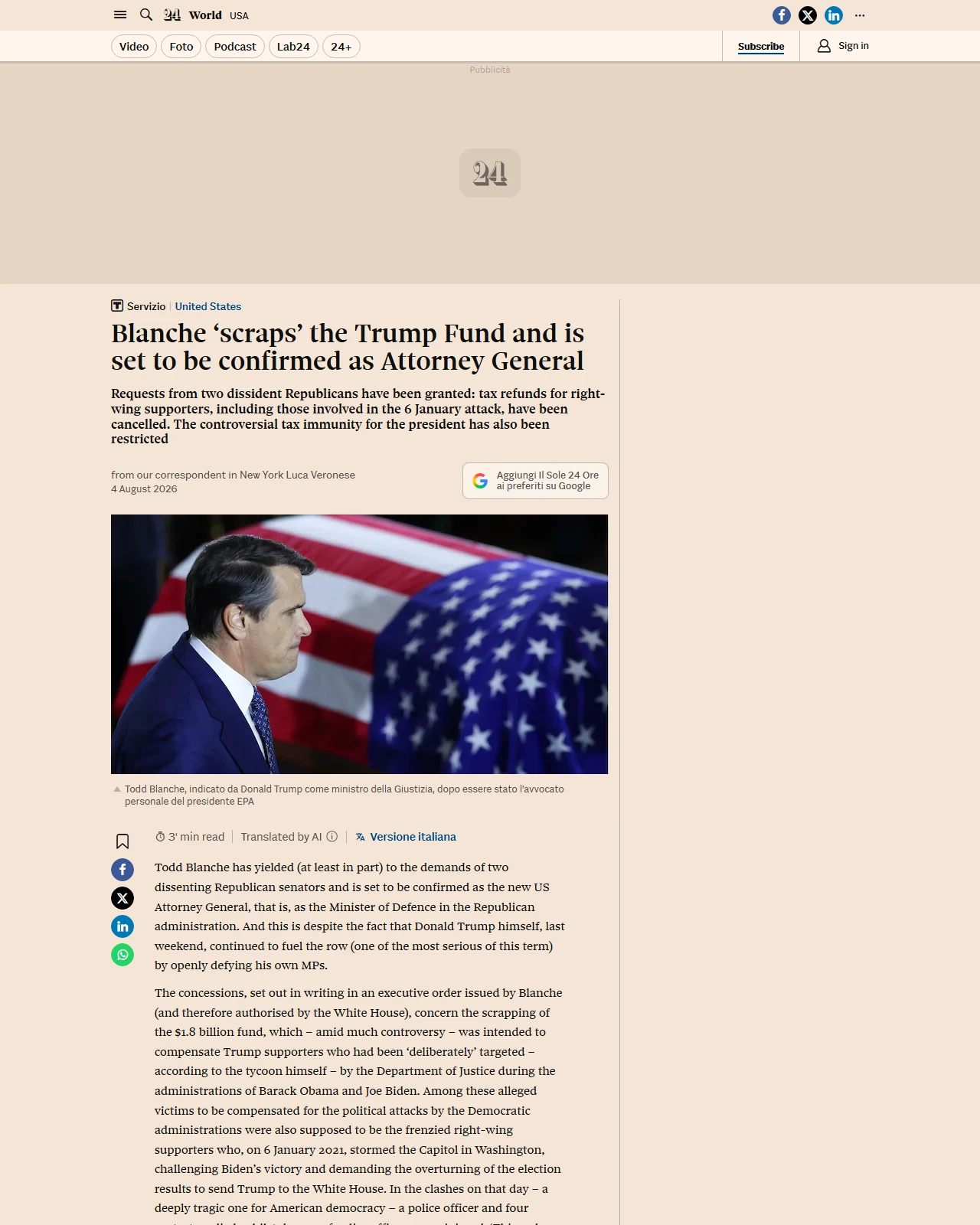 en.ilsole24ore.com as published: Blanche ‘scraps’ the Trump Fund and is set to be confirmed as Attorney General