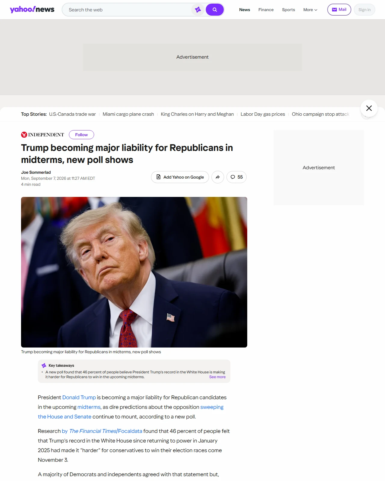 yahoo.com as published: Trump becoming major liability for Republicans in midterms, new poll shows