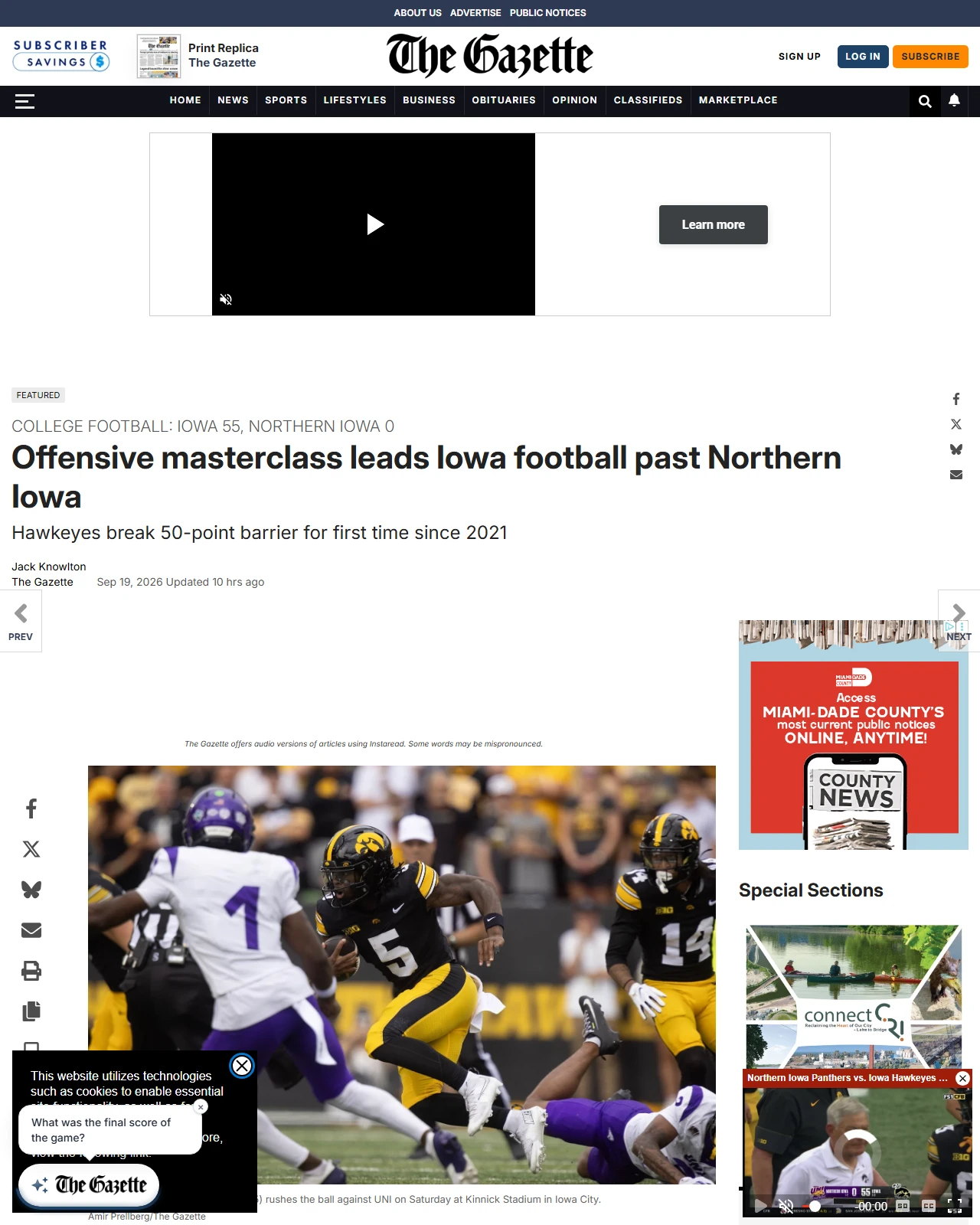 thegazette.com as published: Offensive masterclass leads Iowa football past Northern Iowa
