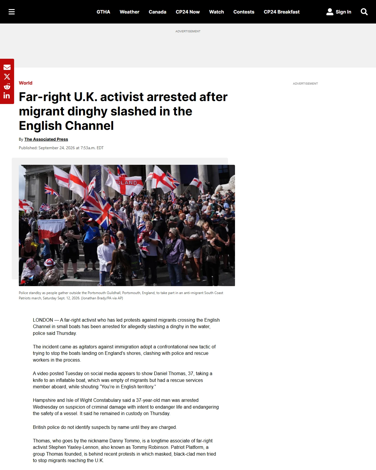 cp24.com as published: Far-right U.K. activist arrested after migrant dinghy slashed in the English Channel