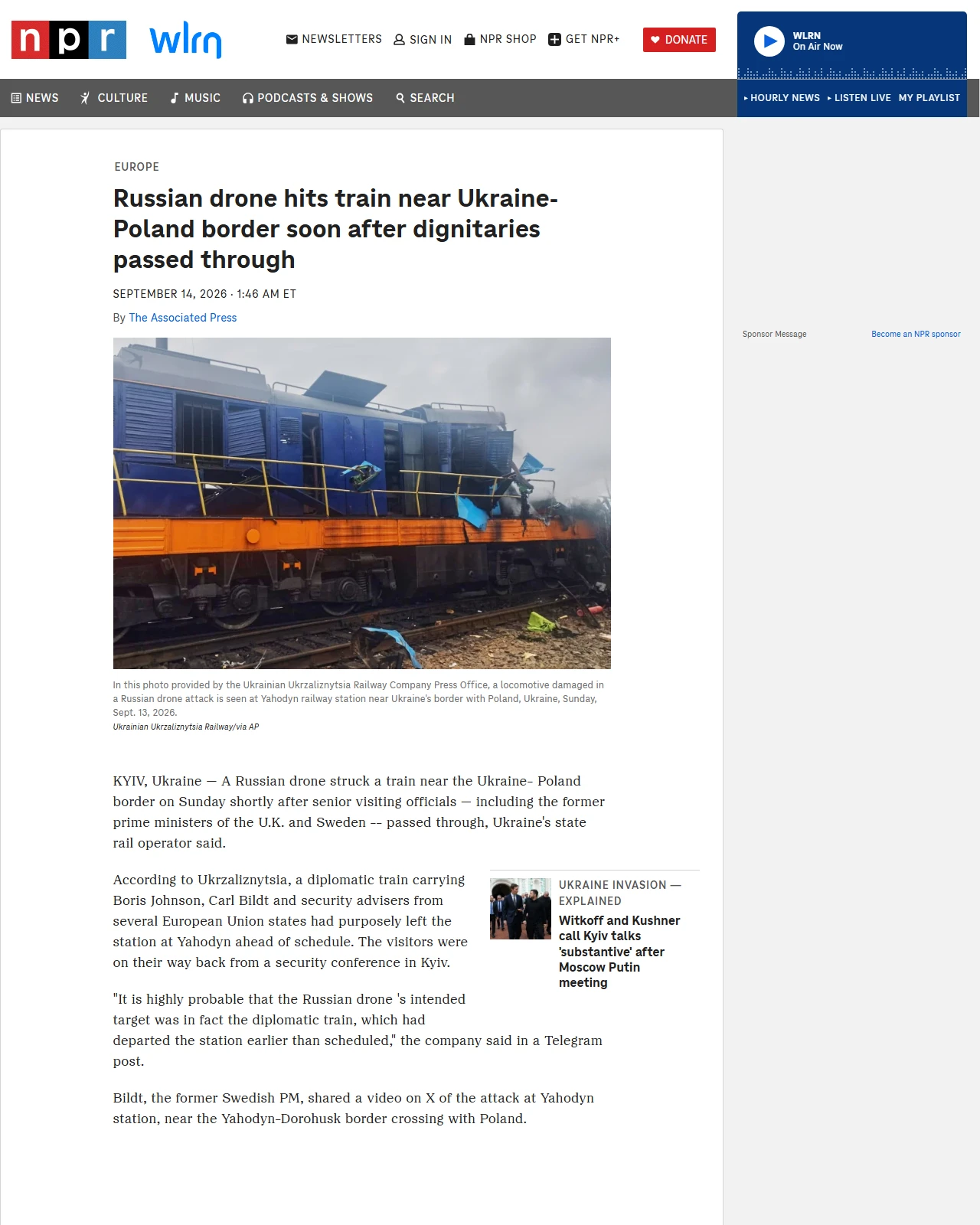 npr.org as published: Russian drone hits train near Ukraine-Poland border soon after dignitaries passed through