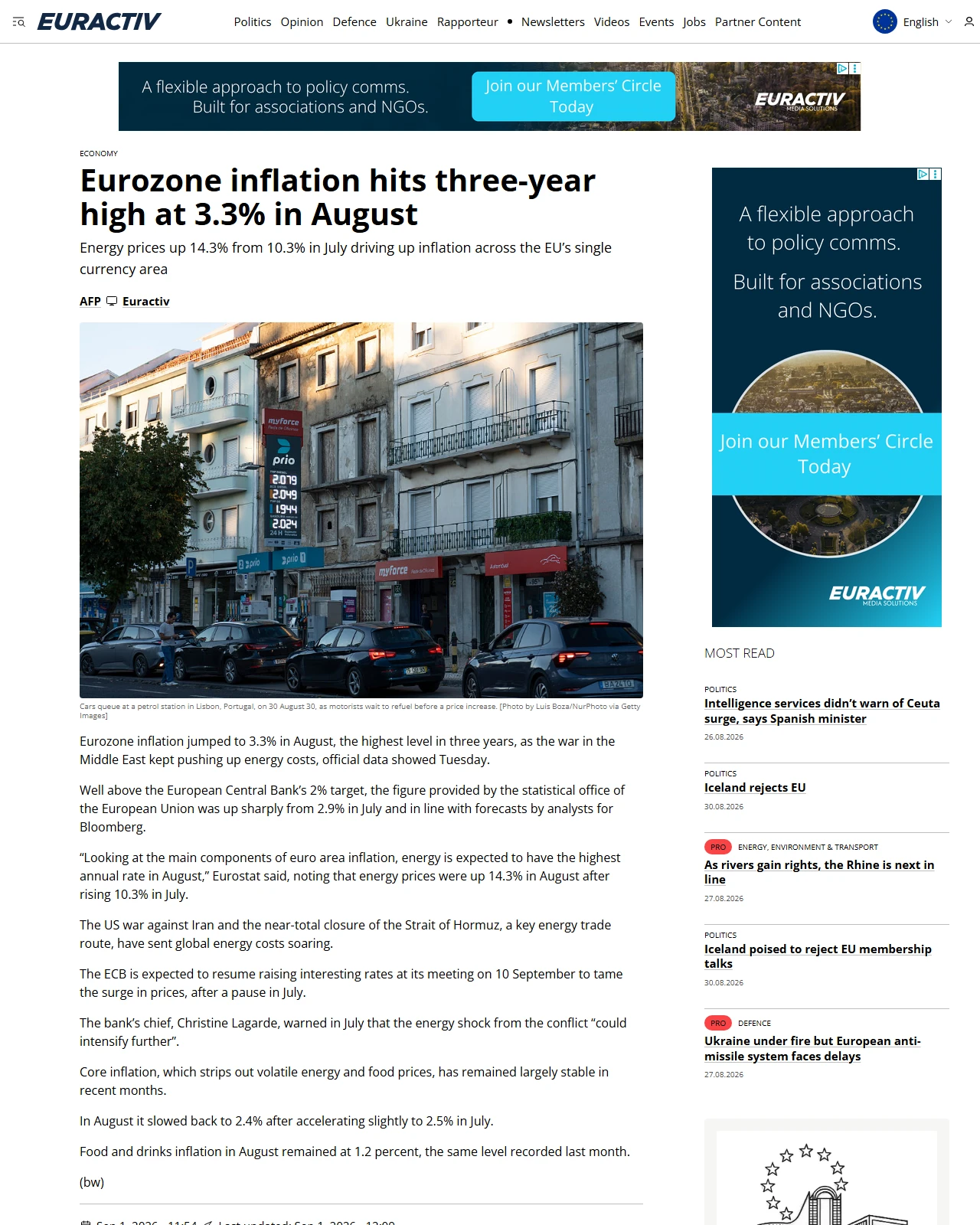 euractiv.com as published: Eurozone inflation hits three-year high at 3.3% in August