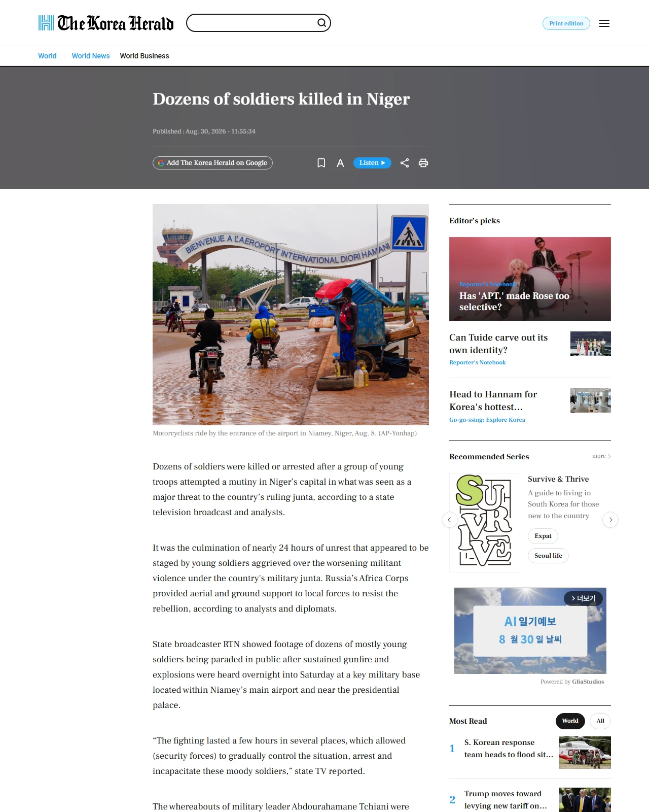 koreaherald.com as published: Dozens of soldiers killed in Niger