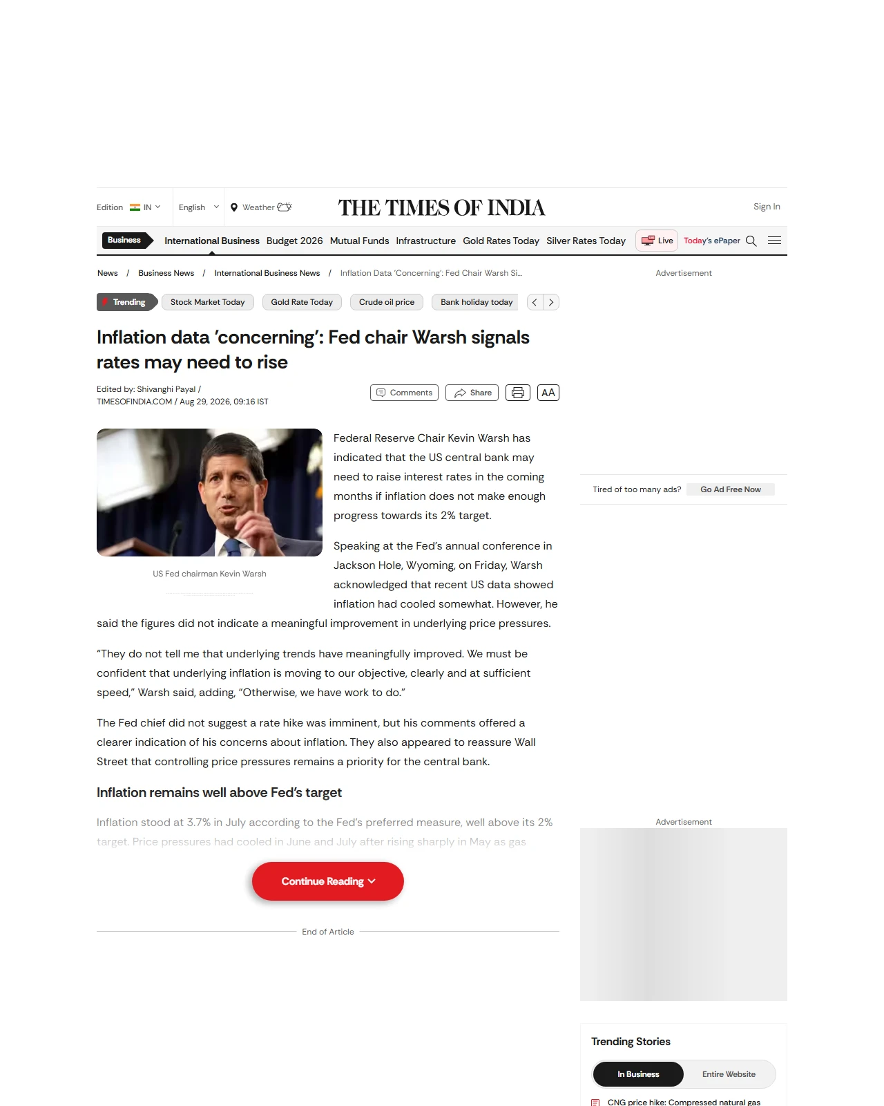 timesofindia.indiatimes.com as published: Inflation data 'concerning': Fed chair Warsh signals rates may need to rise