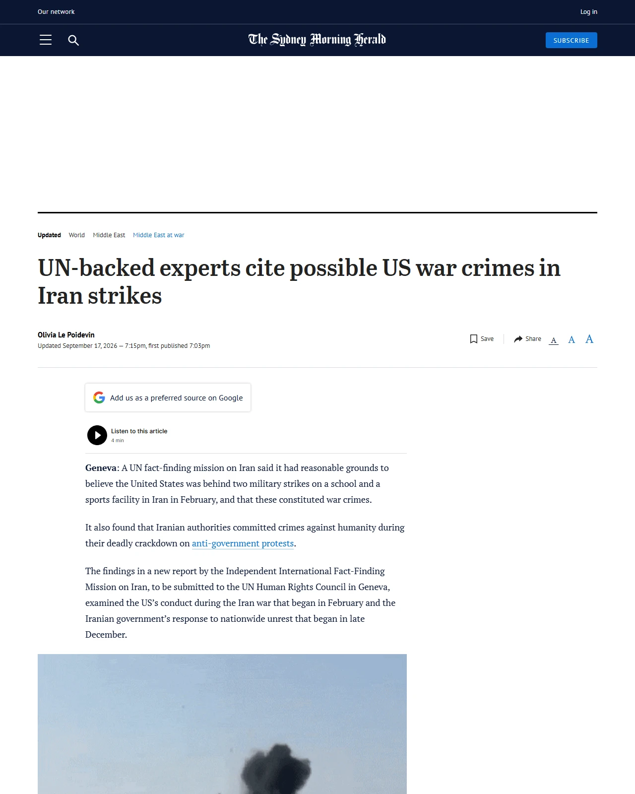 smh.com.au as published: UN-backed experts cite possible US war crimes in Iran strikes