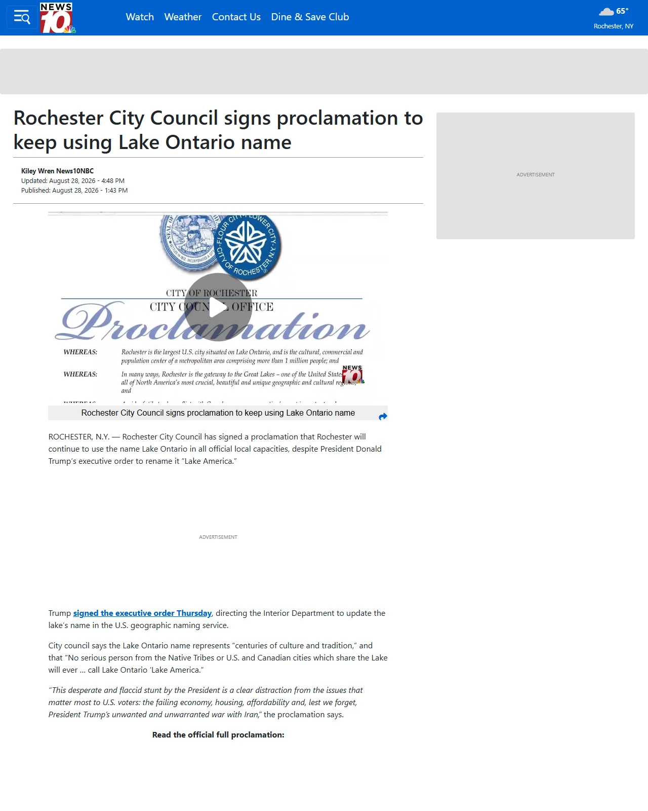 whec.com as published: Rochester City Council signs proclamation to keep using Lake Ontario name