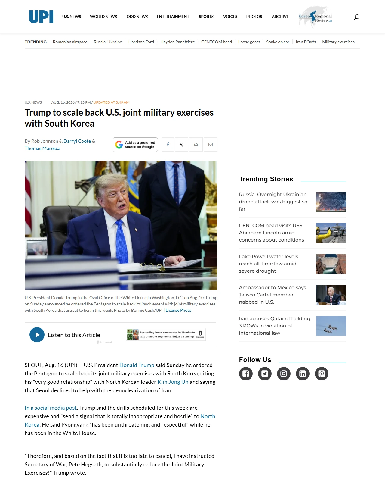 upi.com as published: Trump to scale back U.S. joint military exercises with South Korea