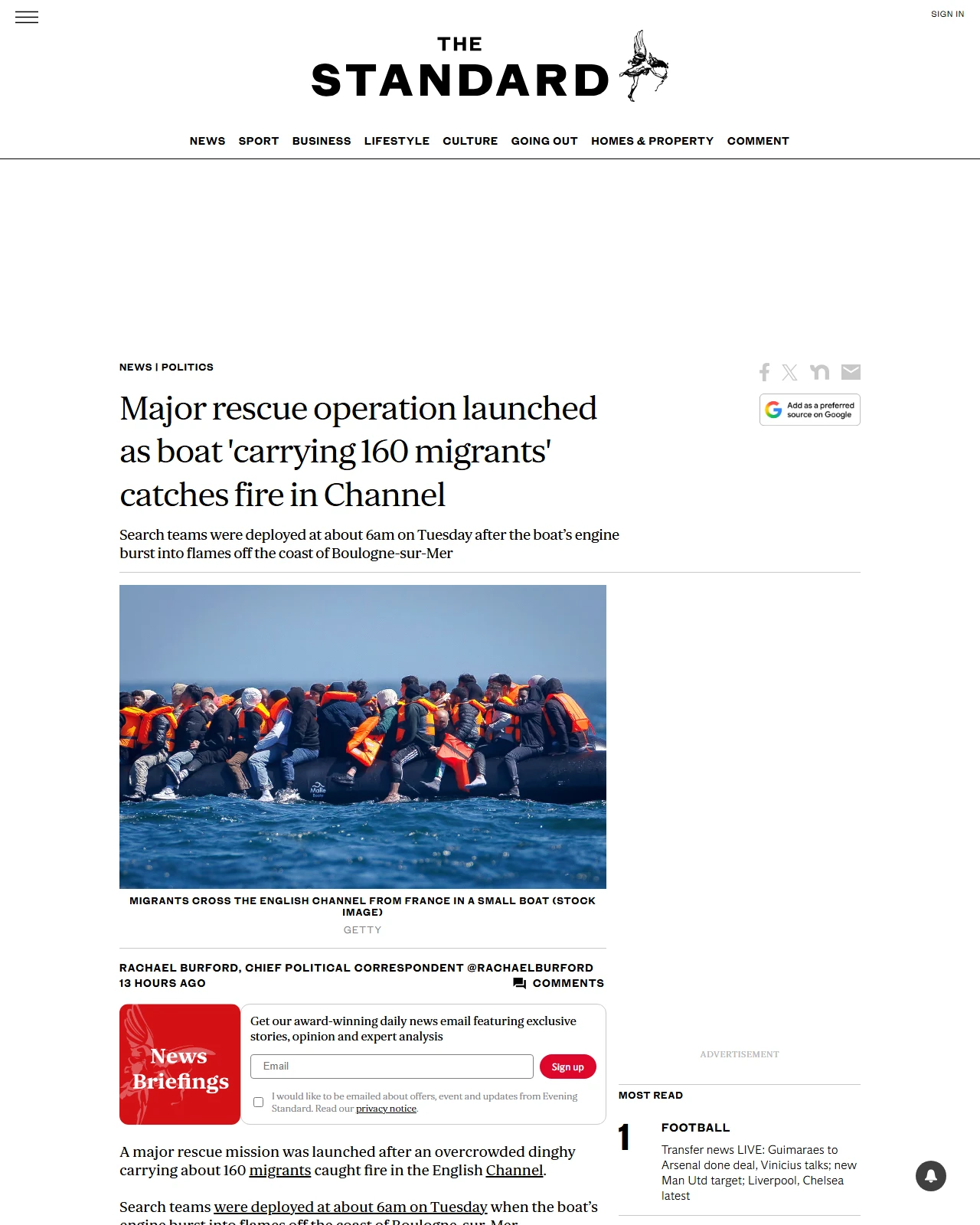 standard.co.uk as published: Major rescue operation launched as boat 'carrying 160 migrants' catches fire in Channel