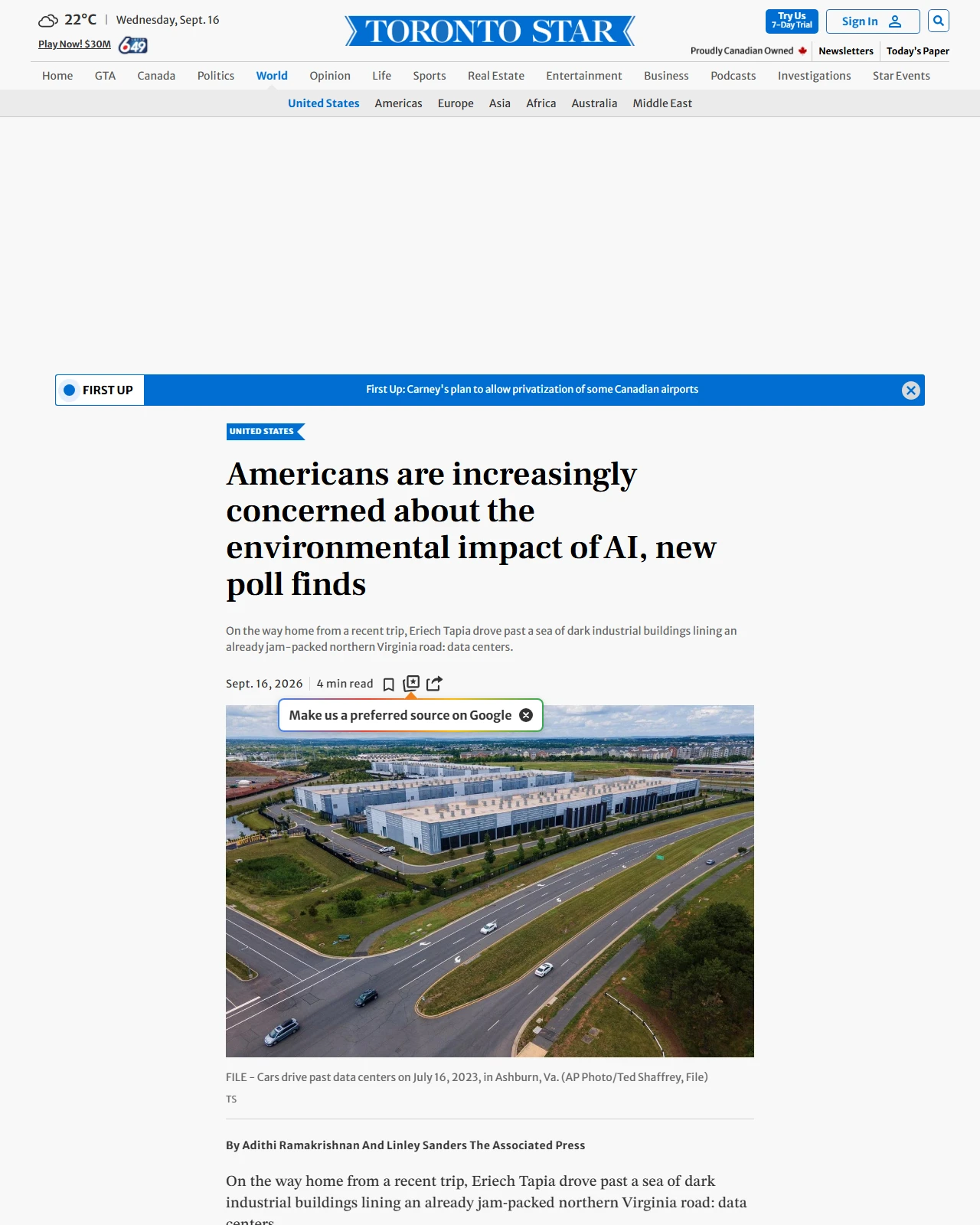 thestar.com as published: Americans are increasingly concerned about the environmental impact of AI, new poll finds