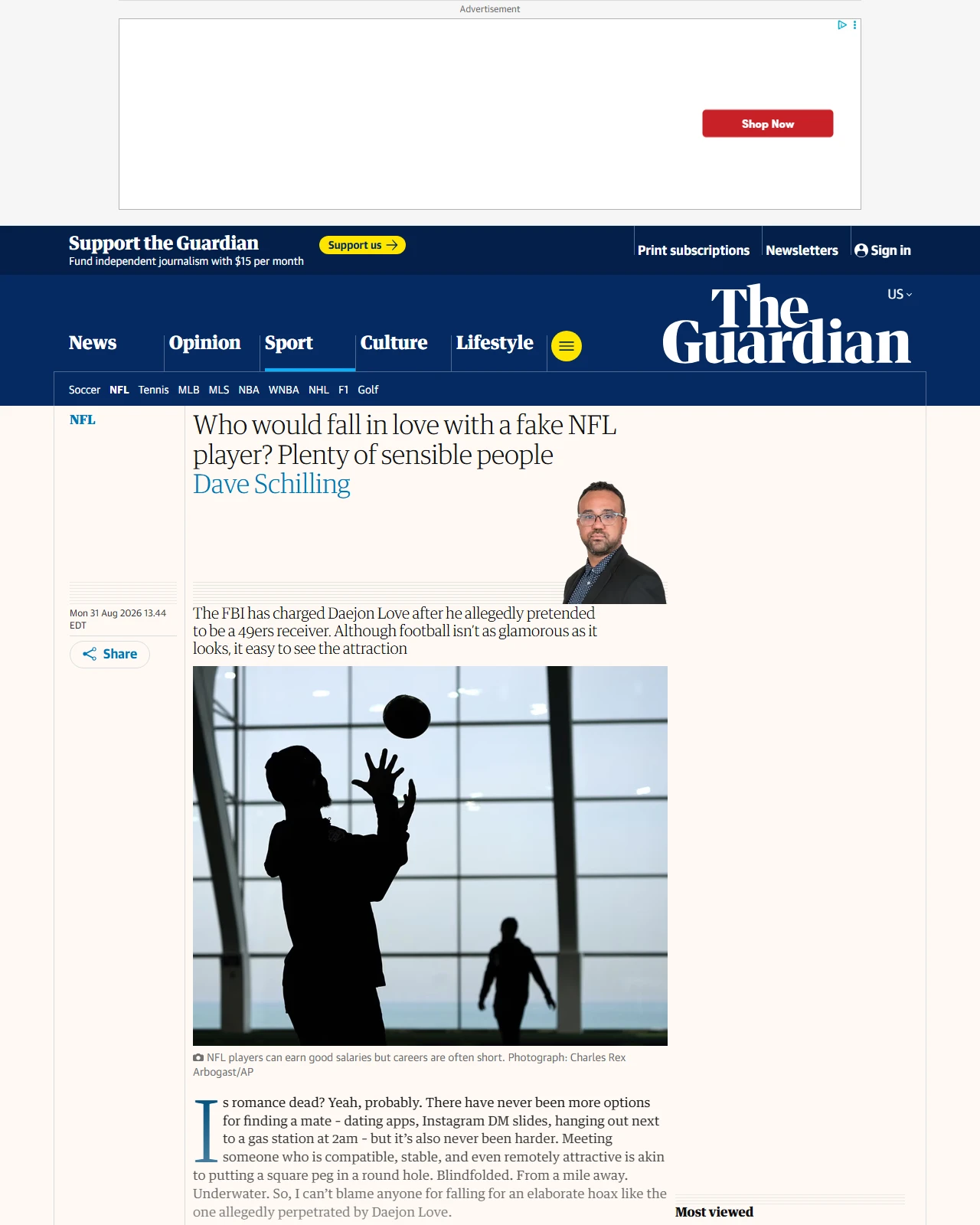 theguardian.com as published: Who would fall in love with a fake NFL player? Plenty of sensible people