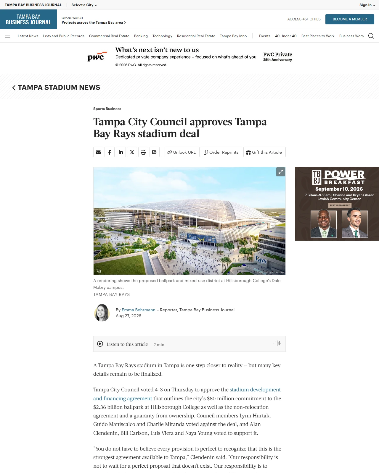 bizjournals.com as published: Tampa City Council approves Tampa Bay Rays stadium deal