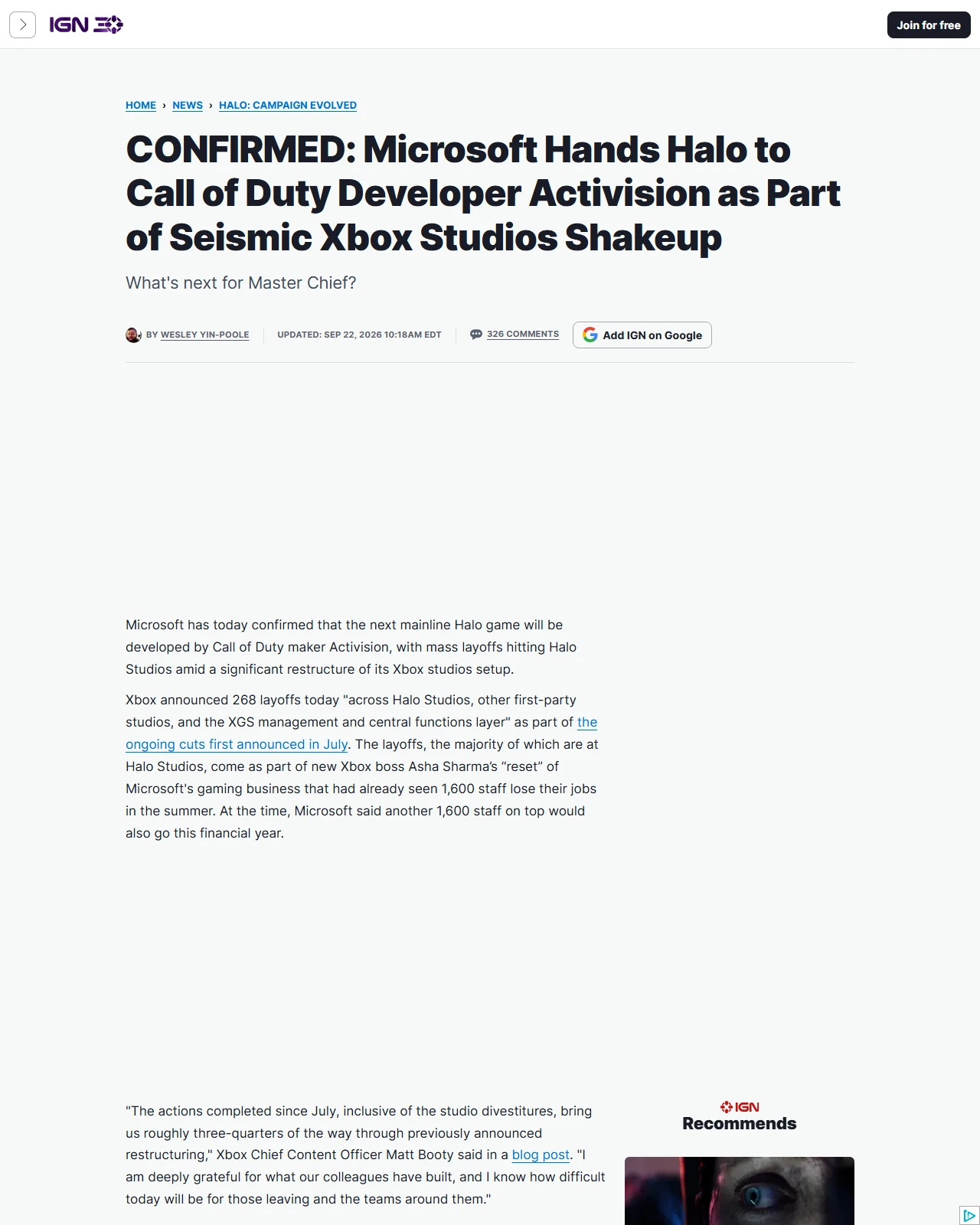 ign.com as published: CONFIRMED: Microsoft Hands Halo to Call of Duty Developer Activision as Part of Huge Xbox Studios Shakeup