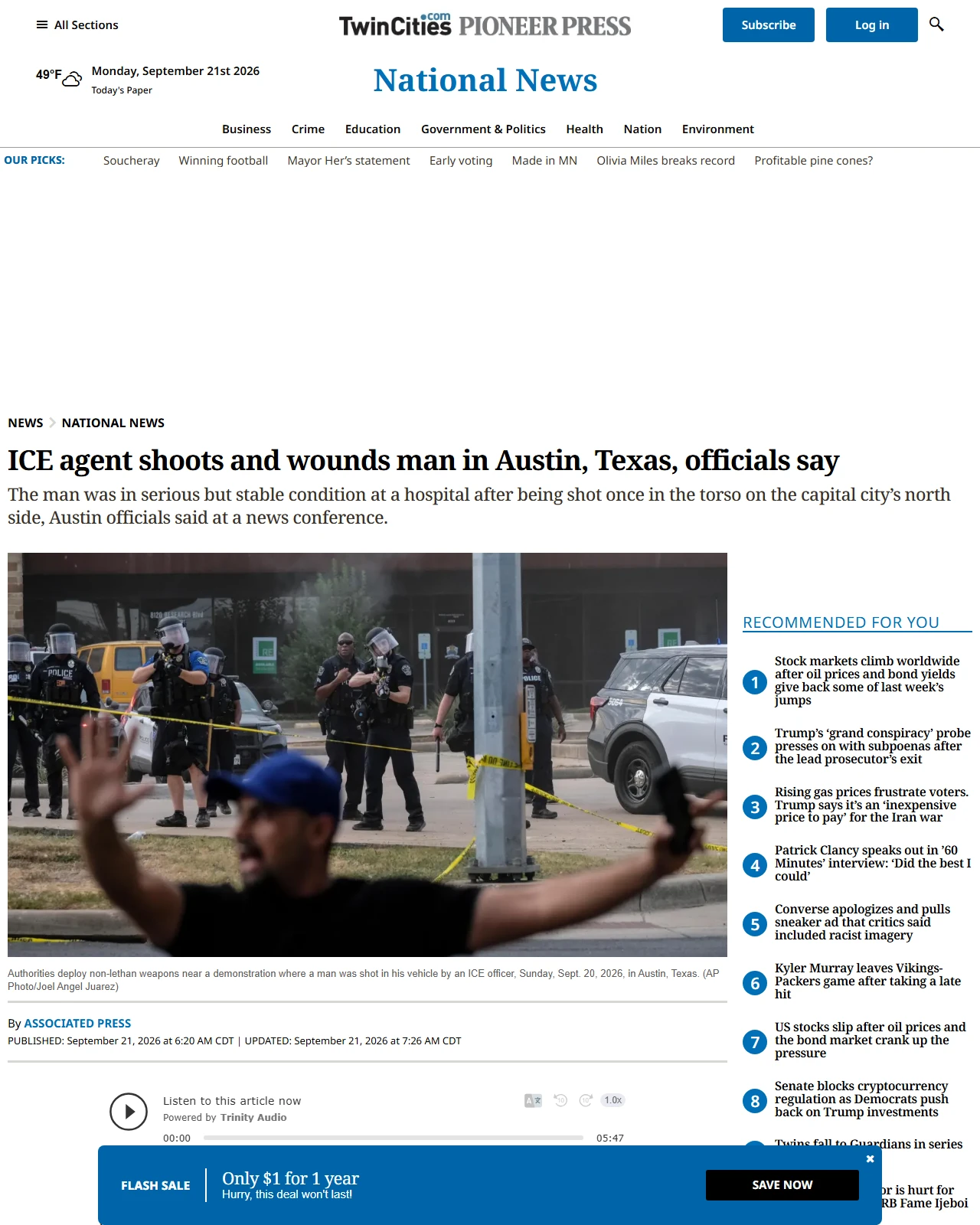 twincities.com as published: ICE agent shoots and wounds man in Austin, Texas, officials say