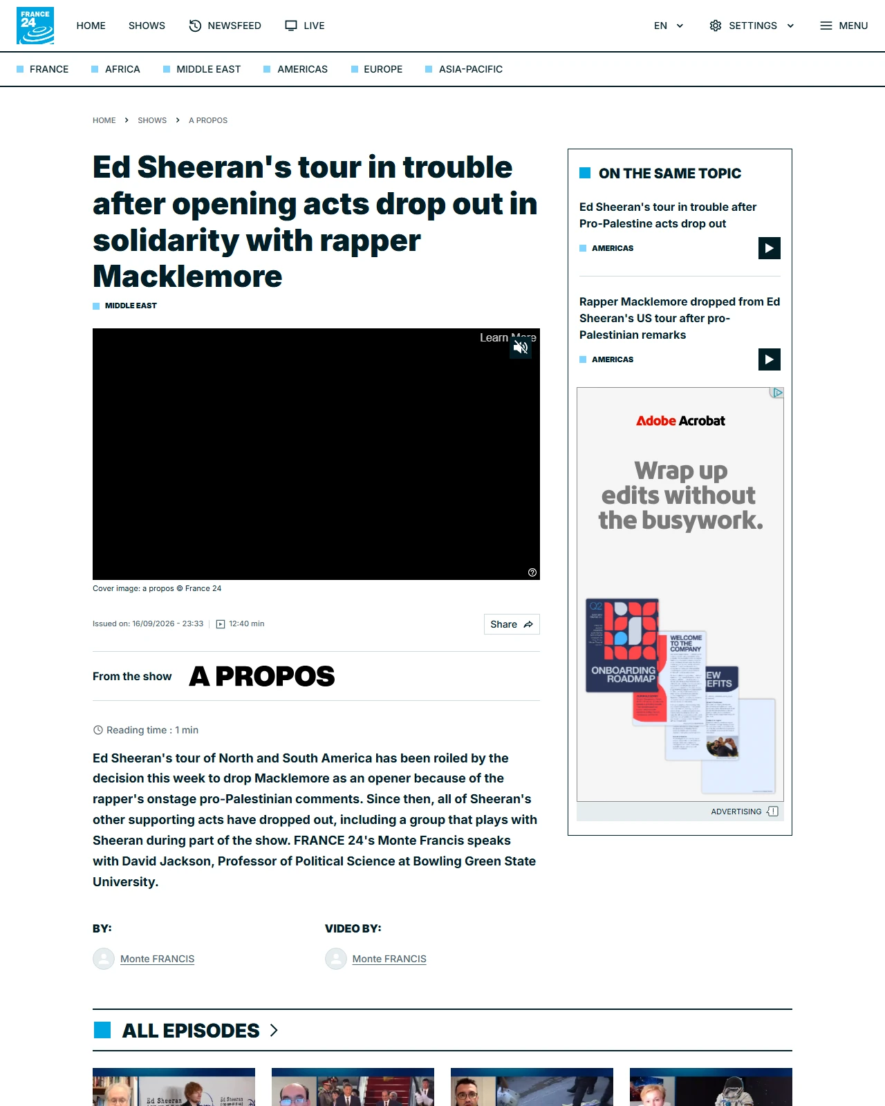 france24.com as published: Ed Sheeran's tour in trouble after opening acts drop out in solidarity with rapper Macklemore