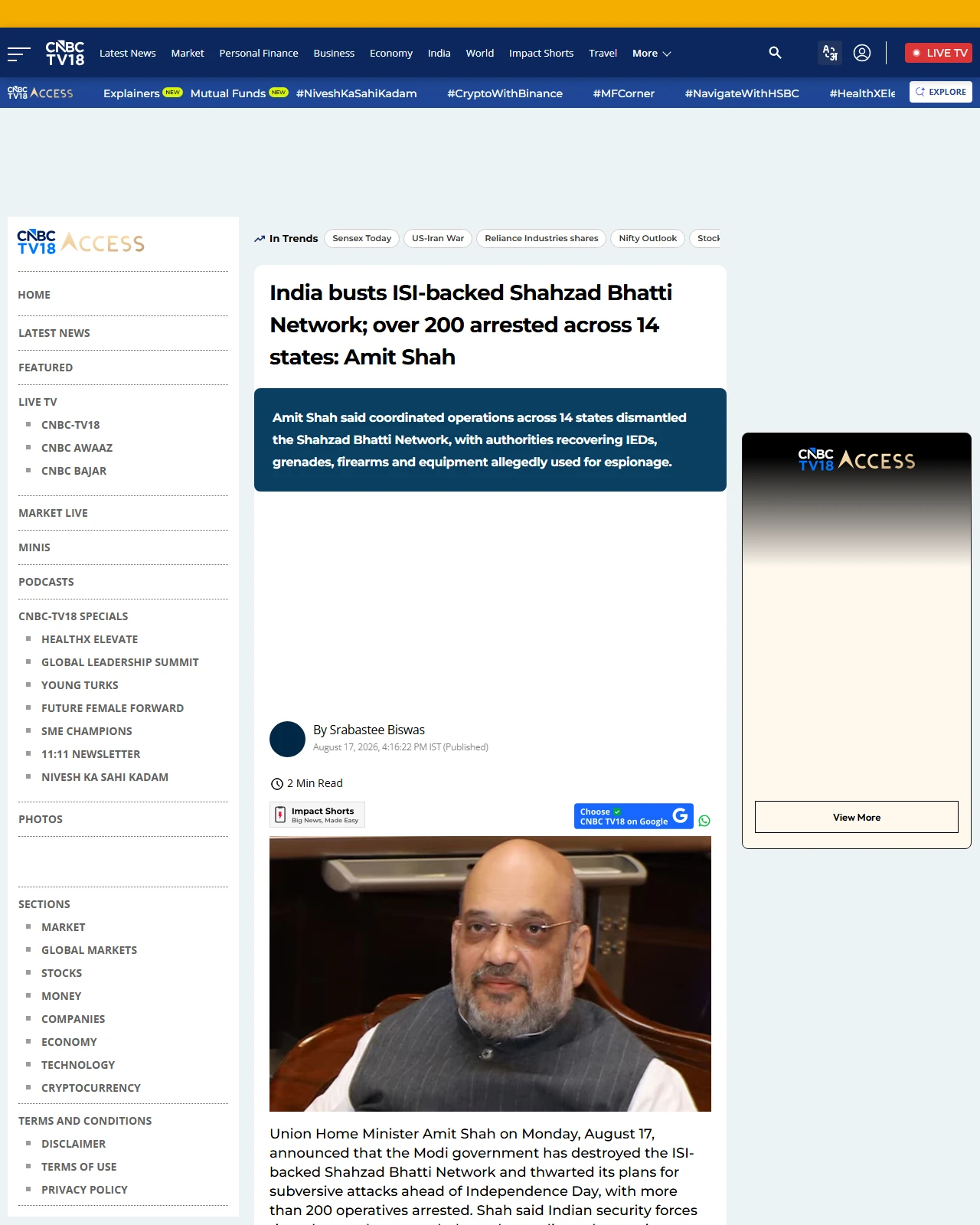 cnbctv18.com as published: India busts ISI-backed Shahzad Bhatti Network; over 200 arrested across 14 states: Amit Shah