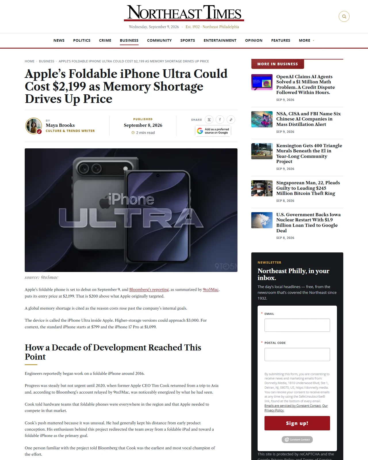 northeasttimes.com as published: Apple’s Foldable iPhone Ultra Could Cost $2,199 as Memory Shortage Drives Up Price