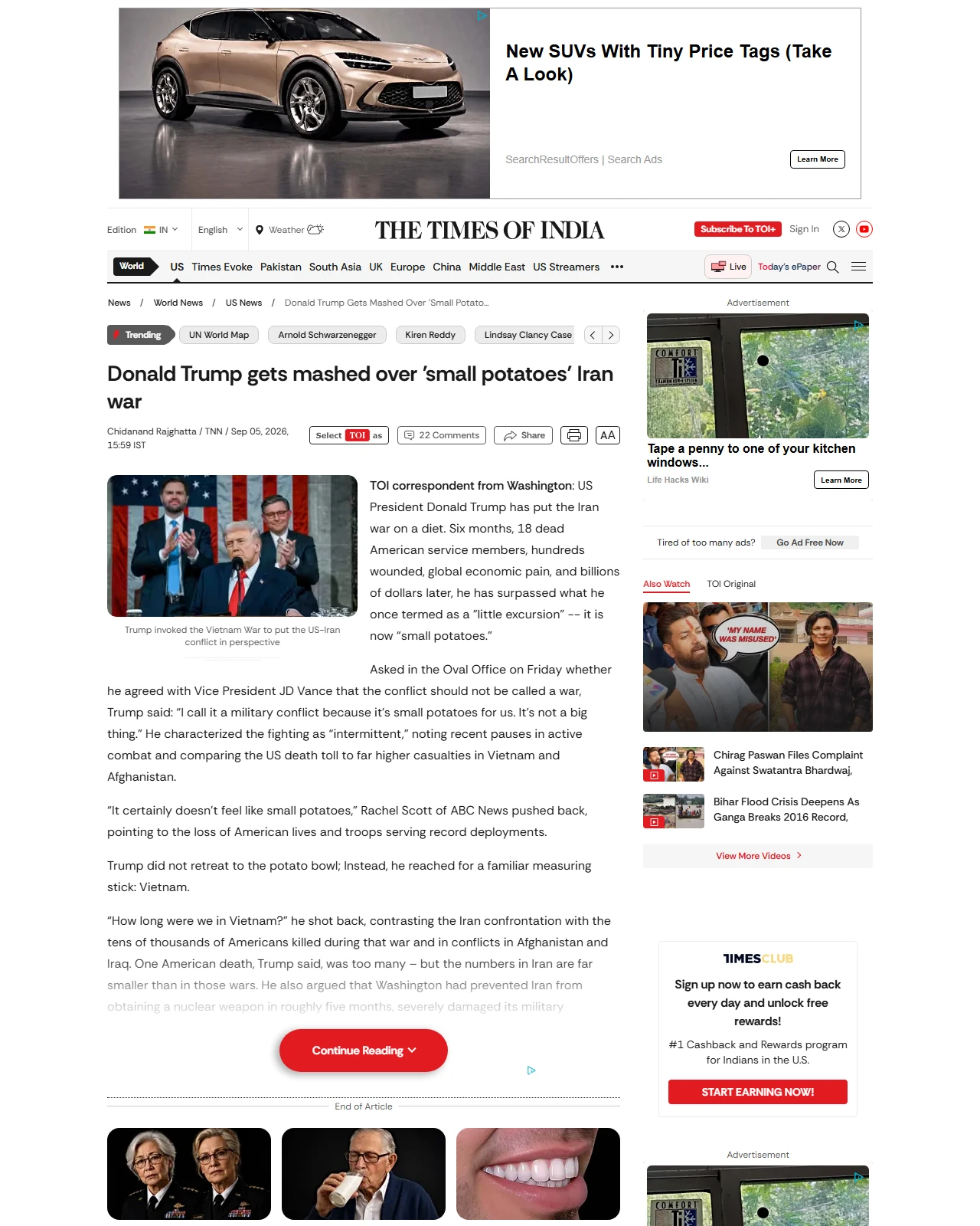 timesofindia.indiatimes.com as published: Donald Trump gets mashed over 'small potatoes' Iran war
