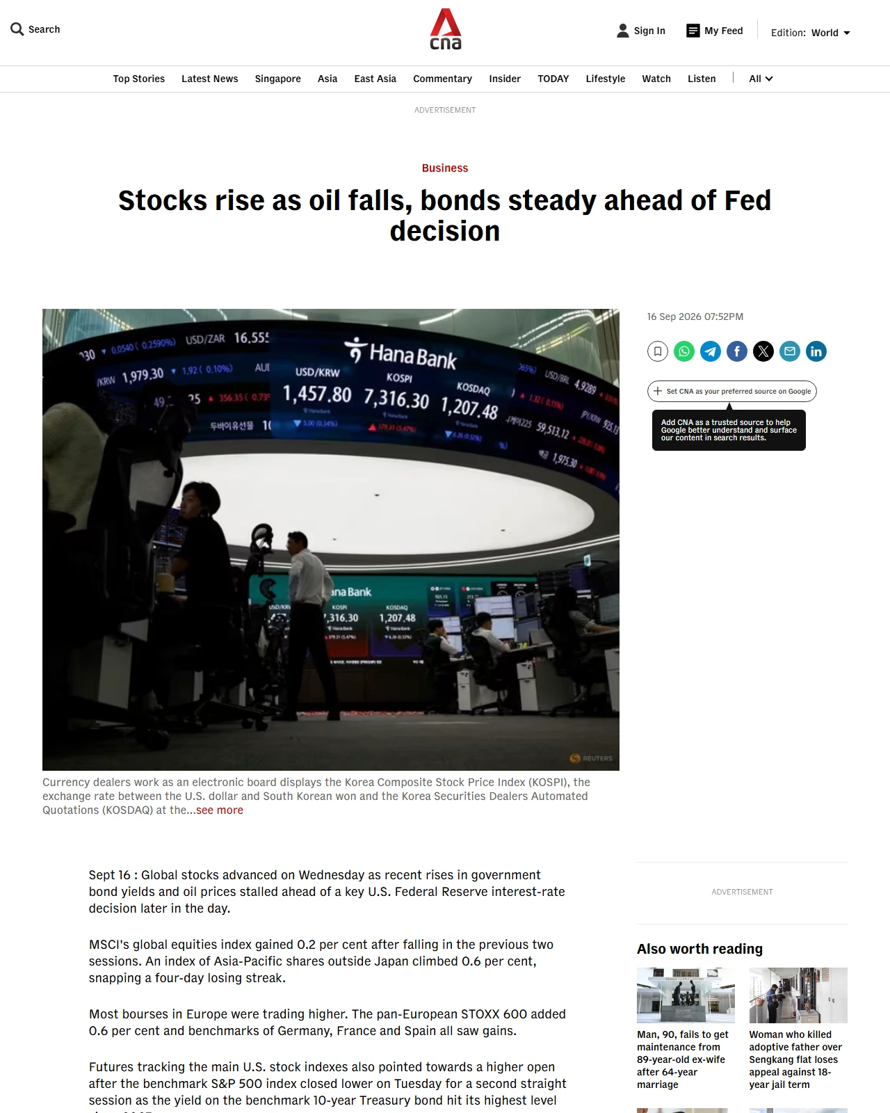 channelnewsasia.com as published: Stocks rise as oil falls, bonds steady ahead of Fed decision