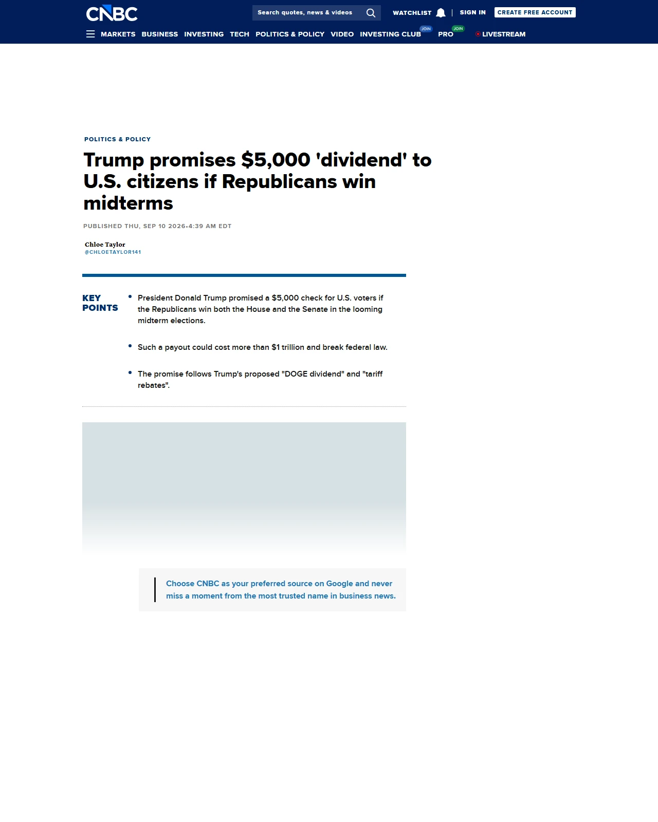 cnbc.com as published: Trump promises $5,000 'dividend' to U.S. citizens if Republicans win midterms