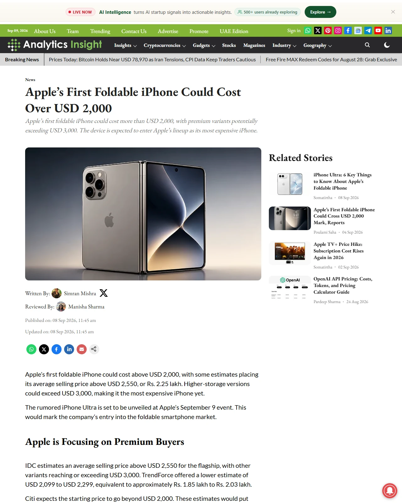analyticsinsight.net as published: Apple’s First Foldable iPhone Could Cost Over USD 2,000