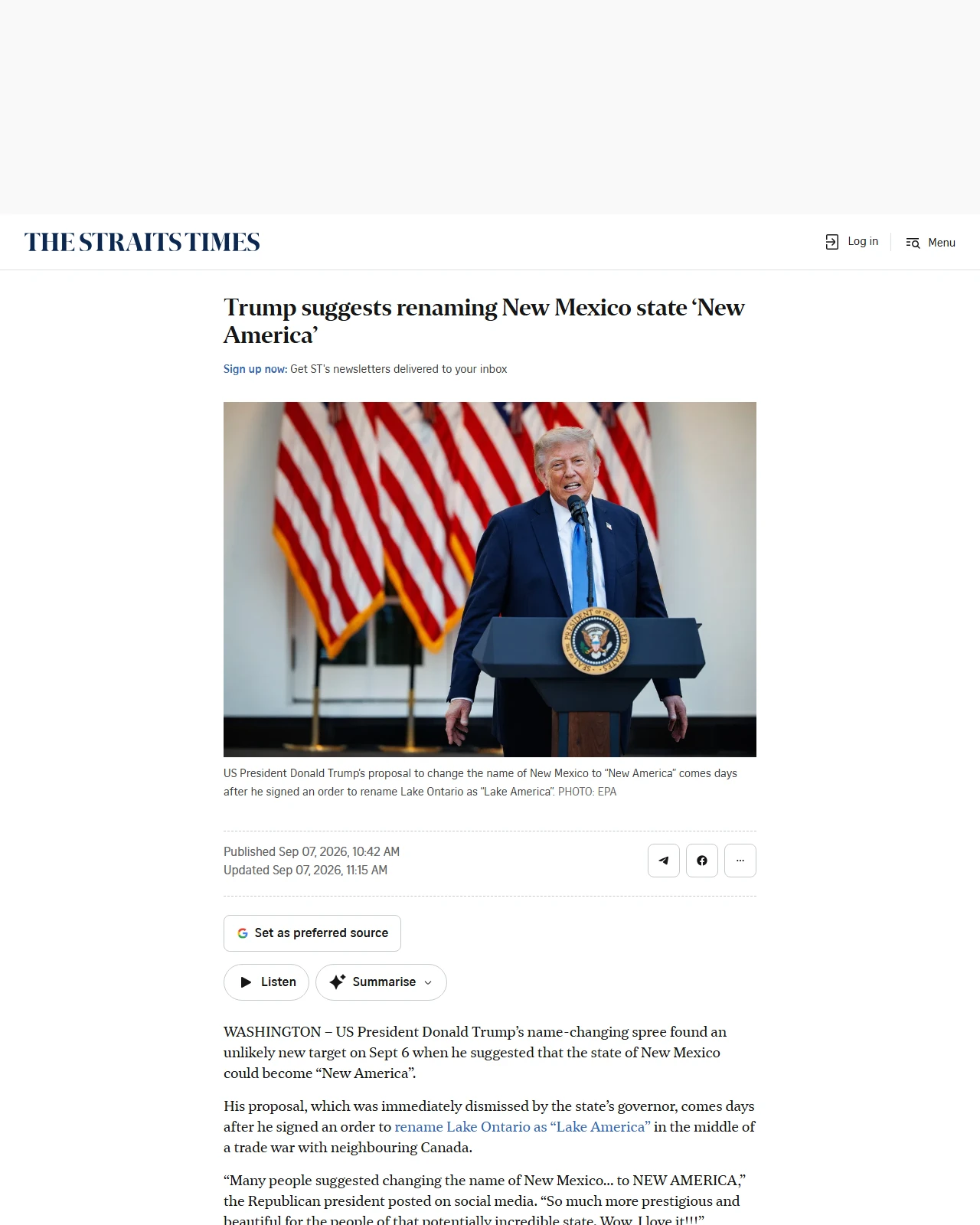 straitstimes.com as published: Trump suggests renaming New Mexico state ‘New America’