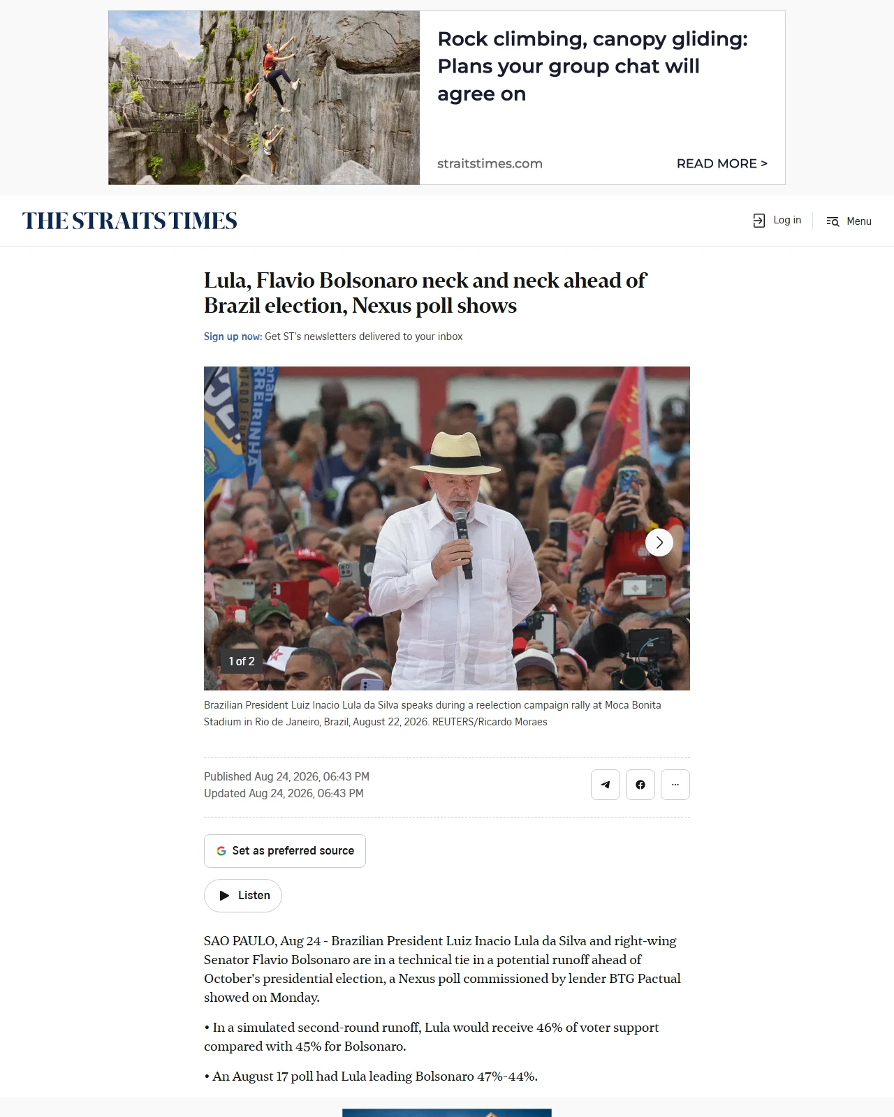 straitstimes.com as published: Lula, Flavio Bolsonaro neck and neck ahead of Brazil election, Nexus poll shows