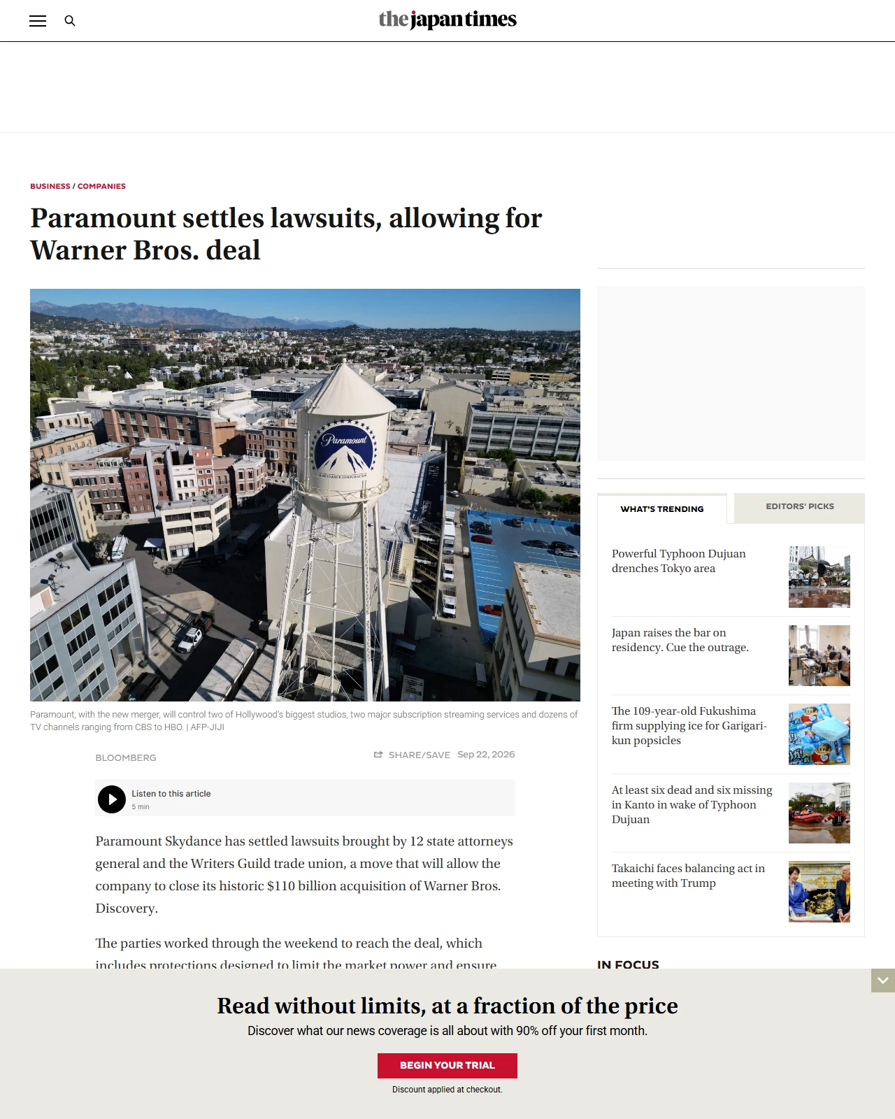 japantimes.co.jp as published: Paramount settles lawsuits, allowing for Warner Bros. deal